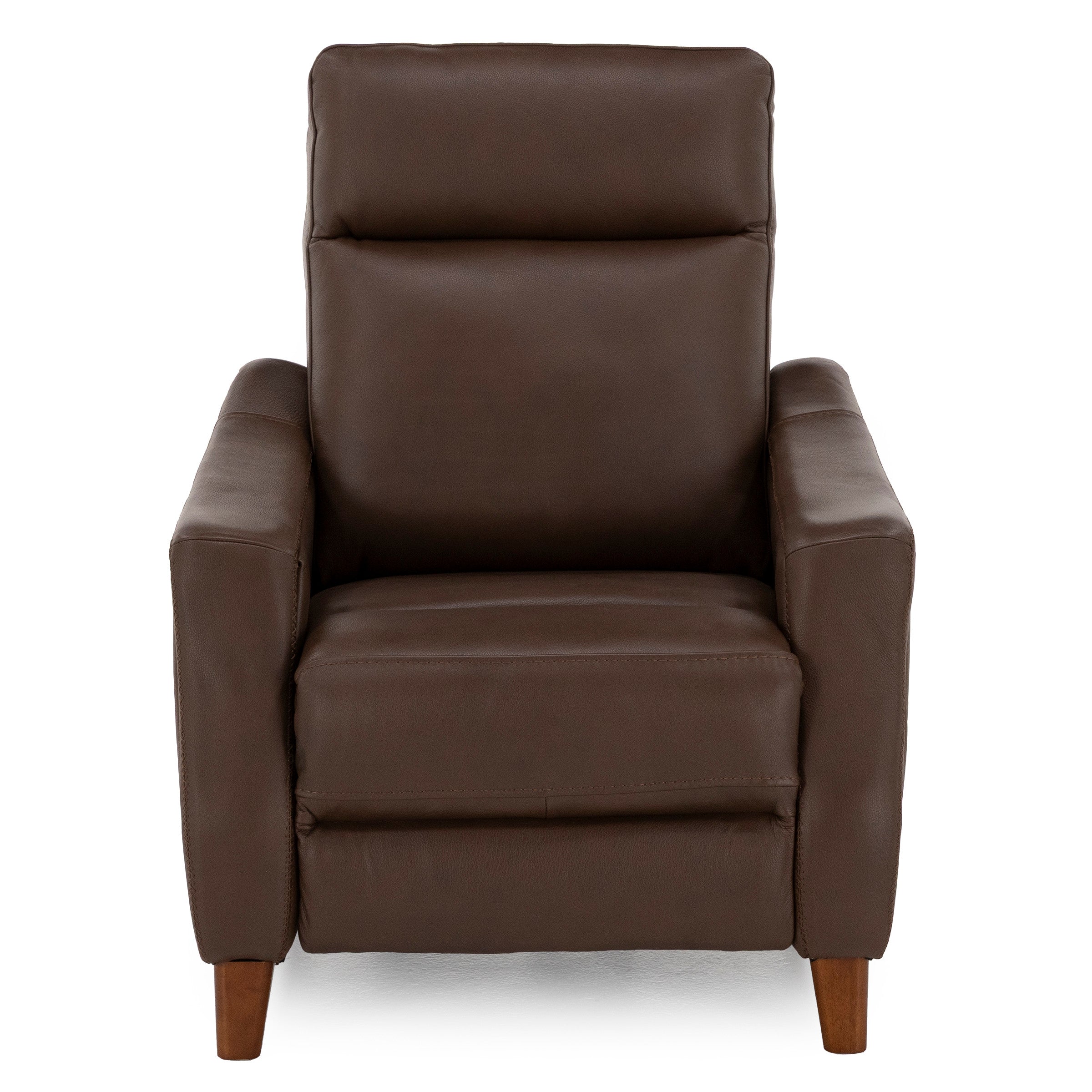 Front view of a brown leather armchair with wooden legs.