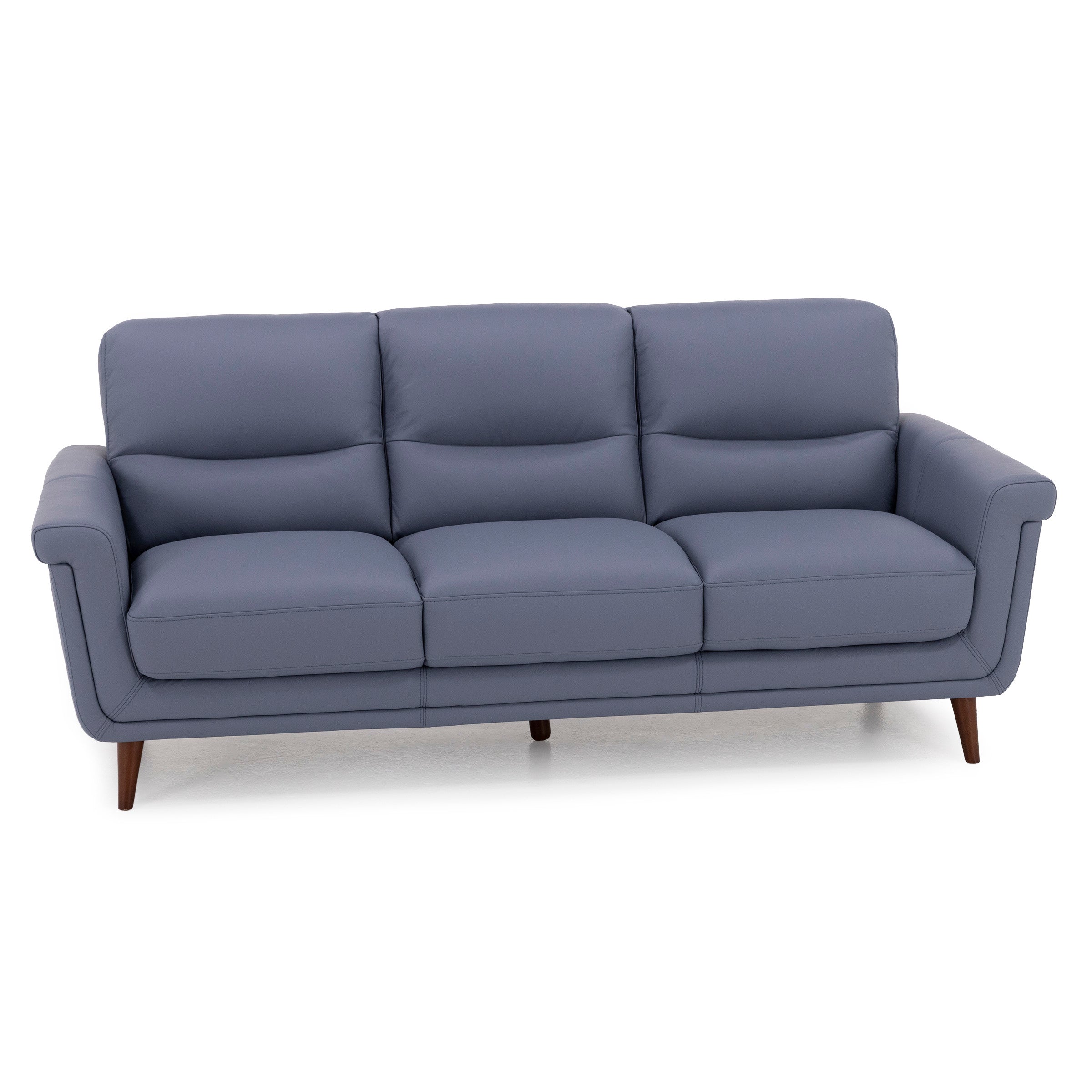 Modern three-seat sofa with blue upholstery and wooden legs.
