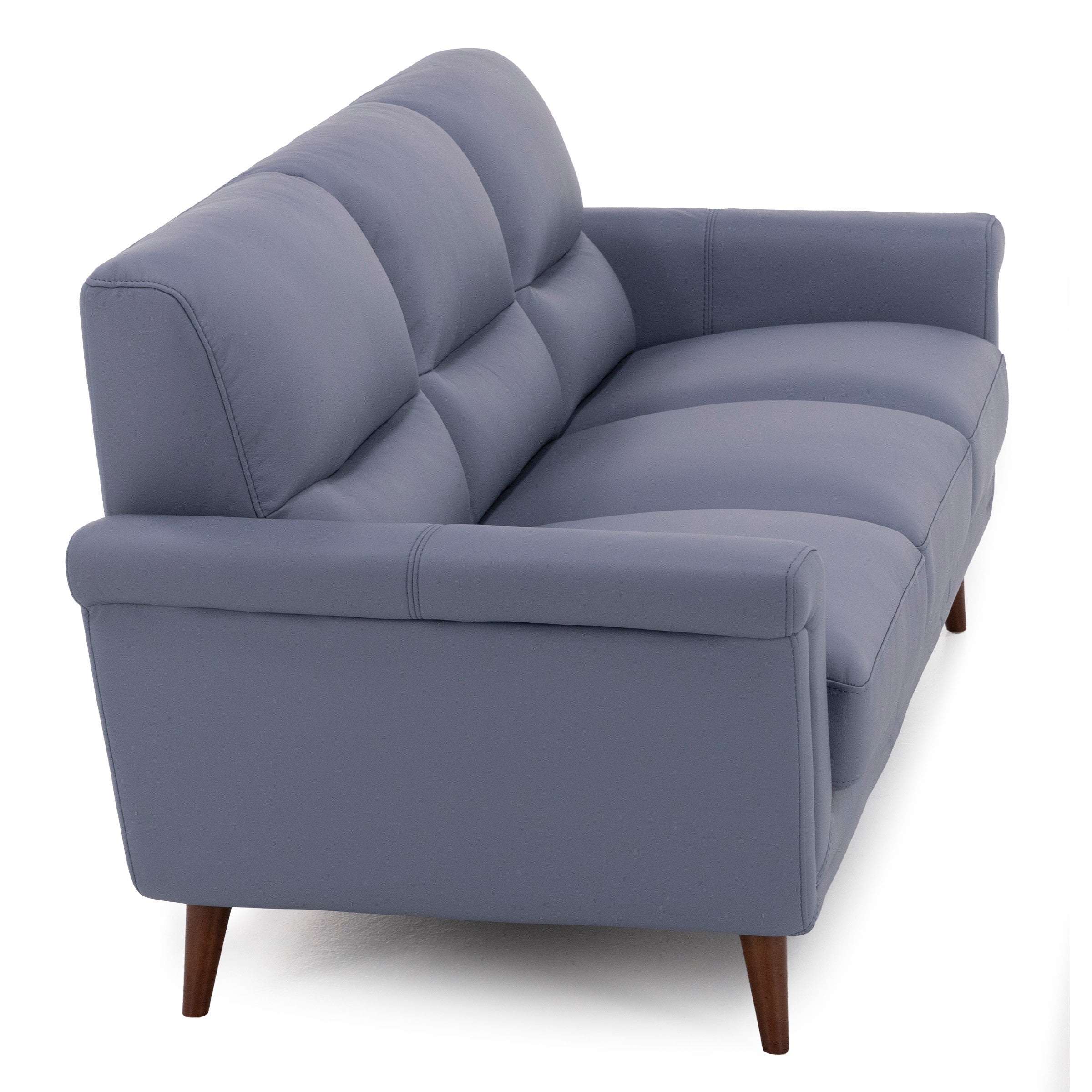 Modern blue sofa with wooden legs, angled view