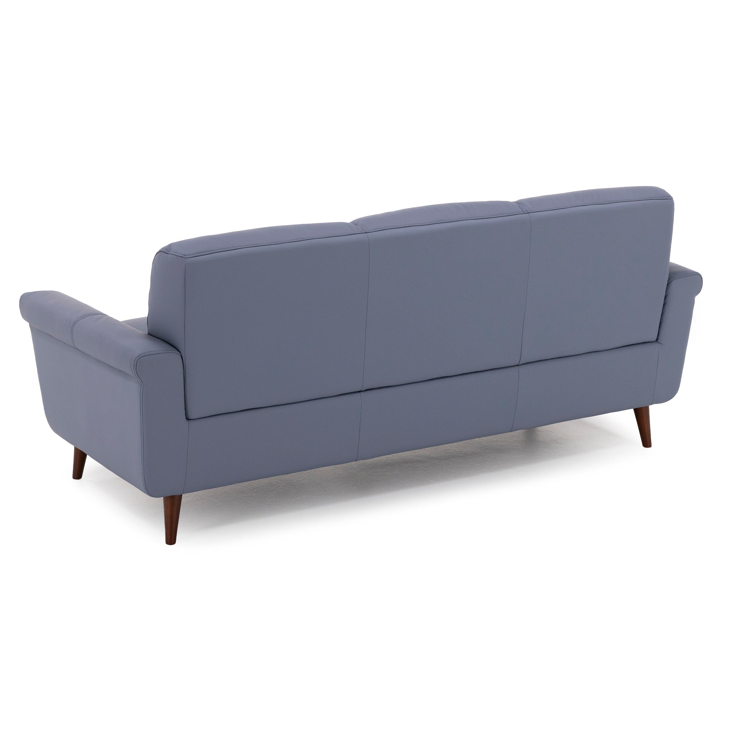 Back view of a modern blue sofa with wooden legs.