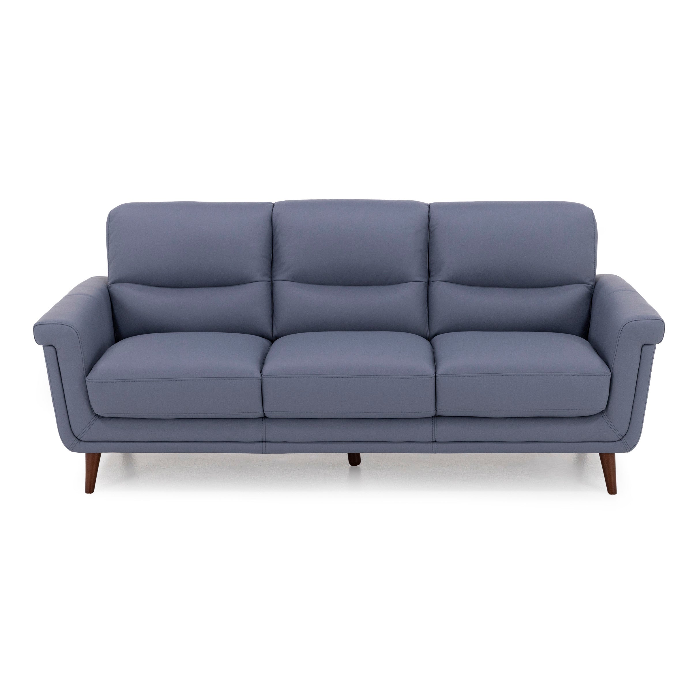 Modern three-seat blue sofa with wooden legs