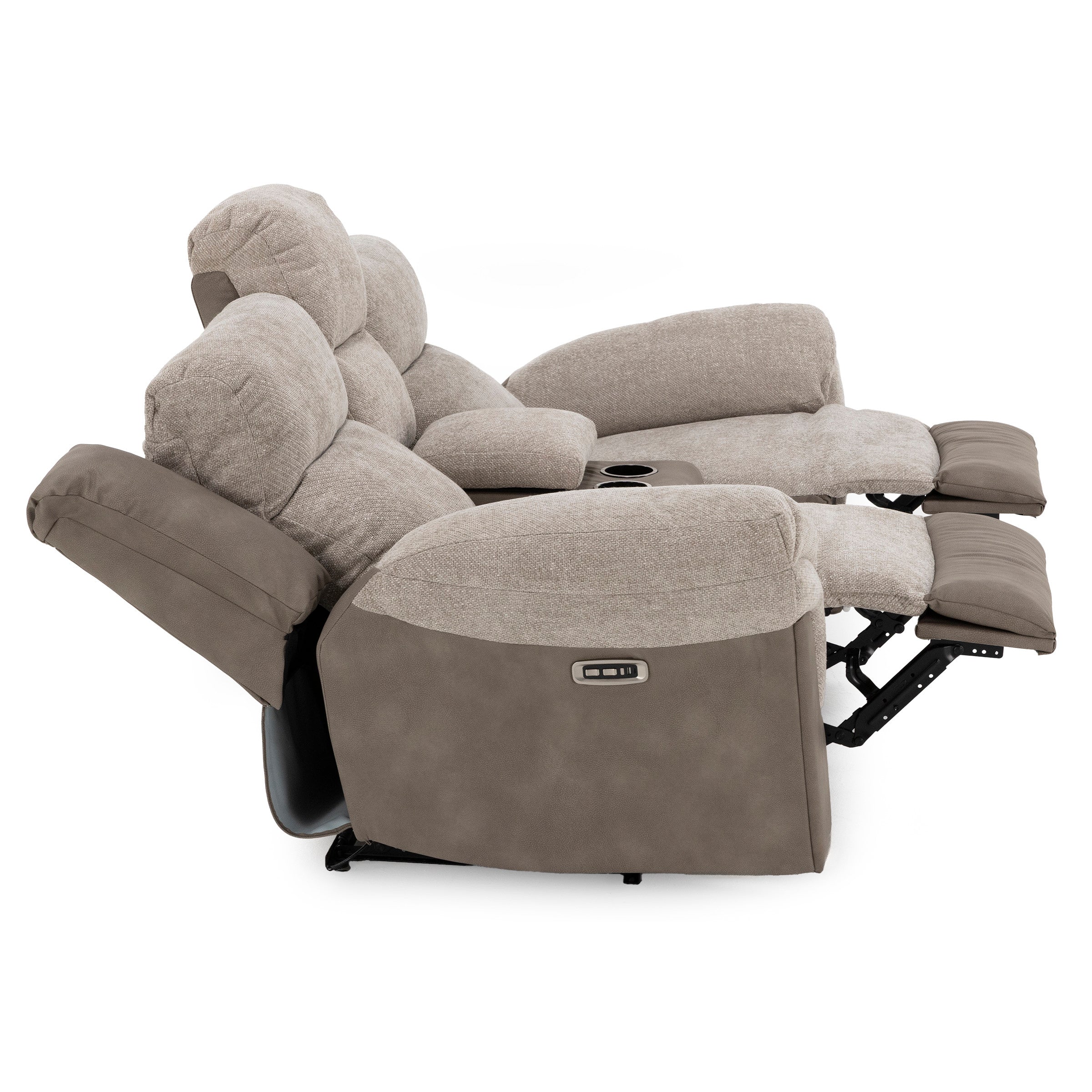 Side view of a two-seat reclining sofa with cup holders and extended footrests.