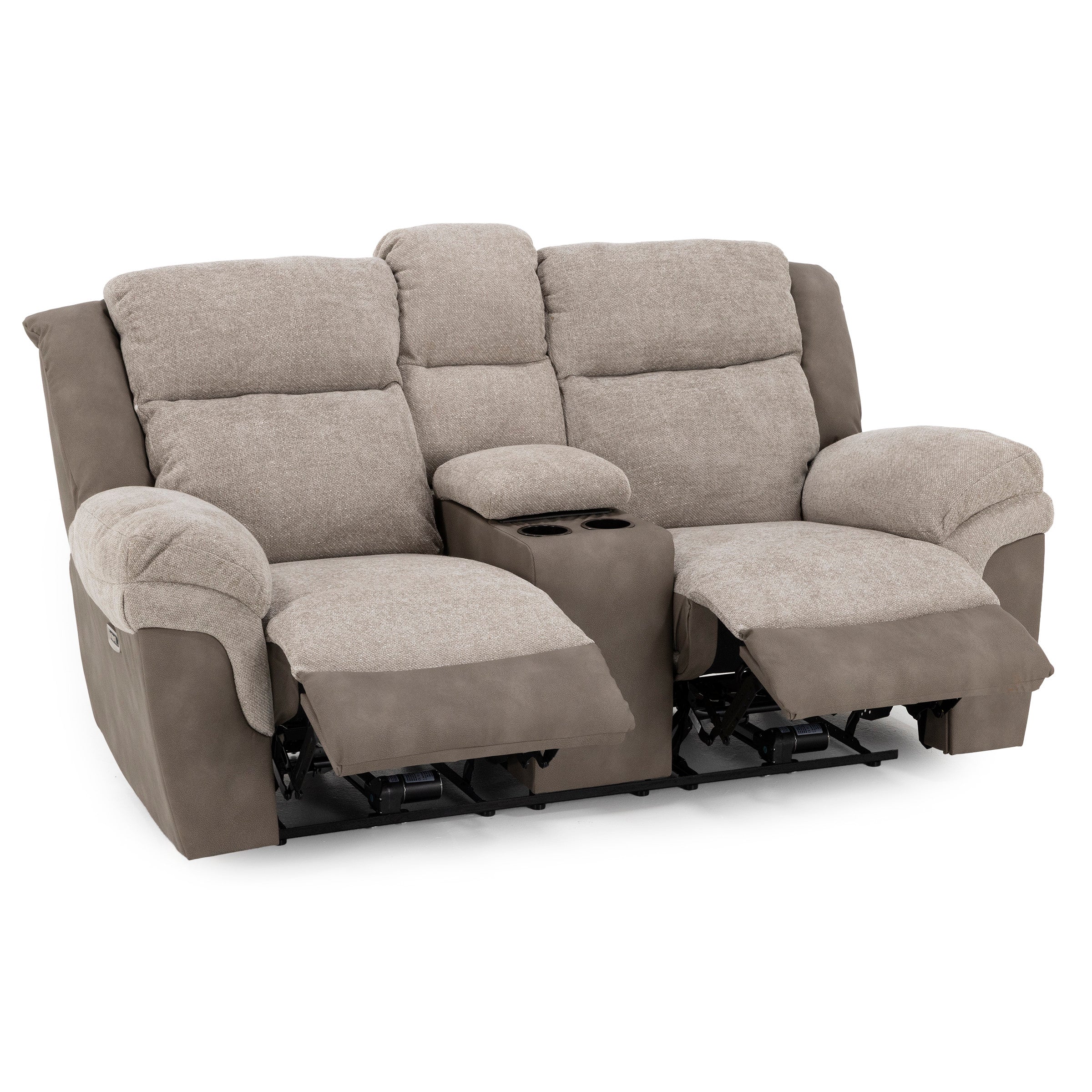Two-seat reclining sofa with center console and cup holders, upholstered in beige fabric.