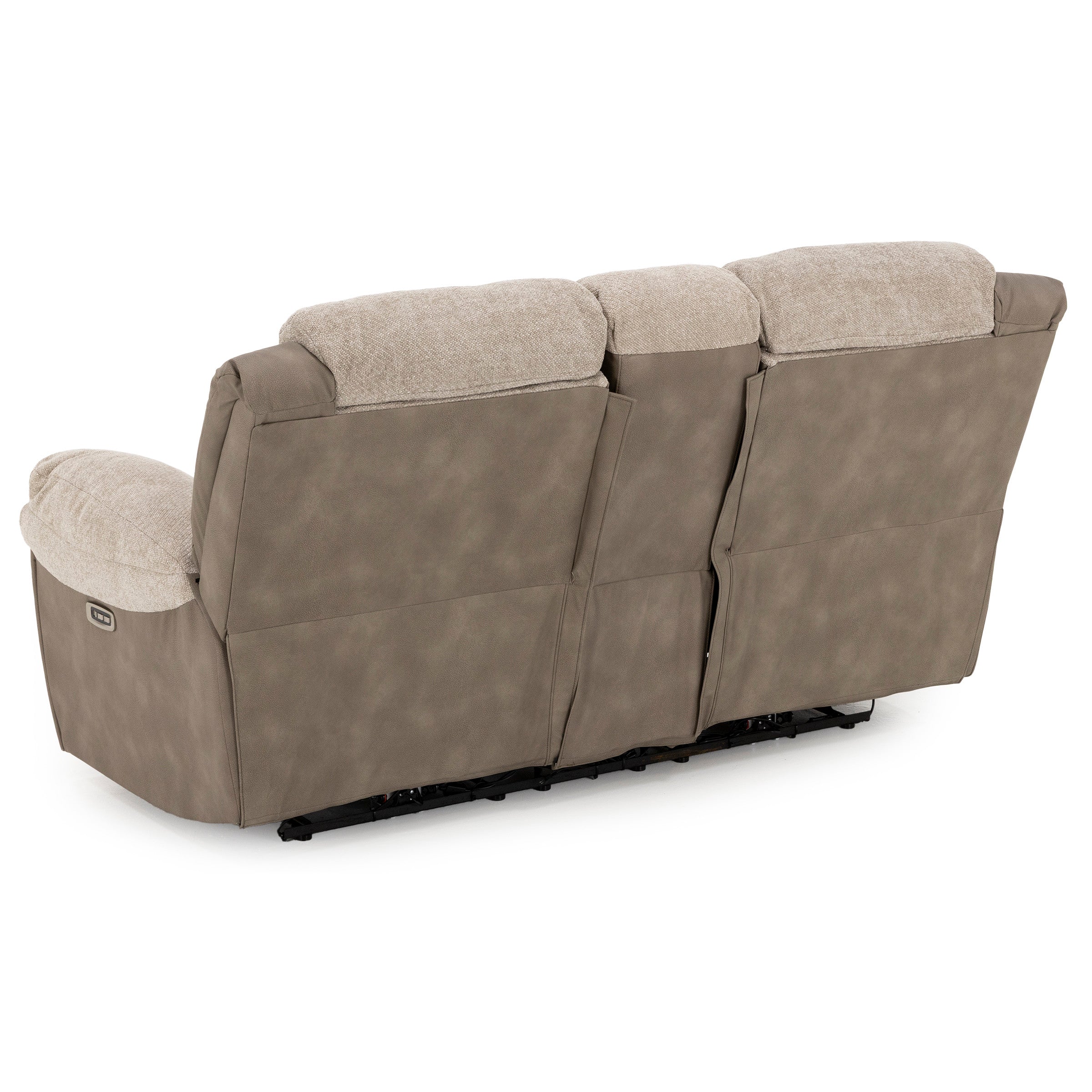 Back view of a three-seat reclining sofa with light brown fabric upholstery.