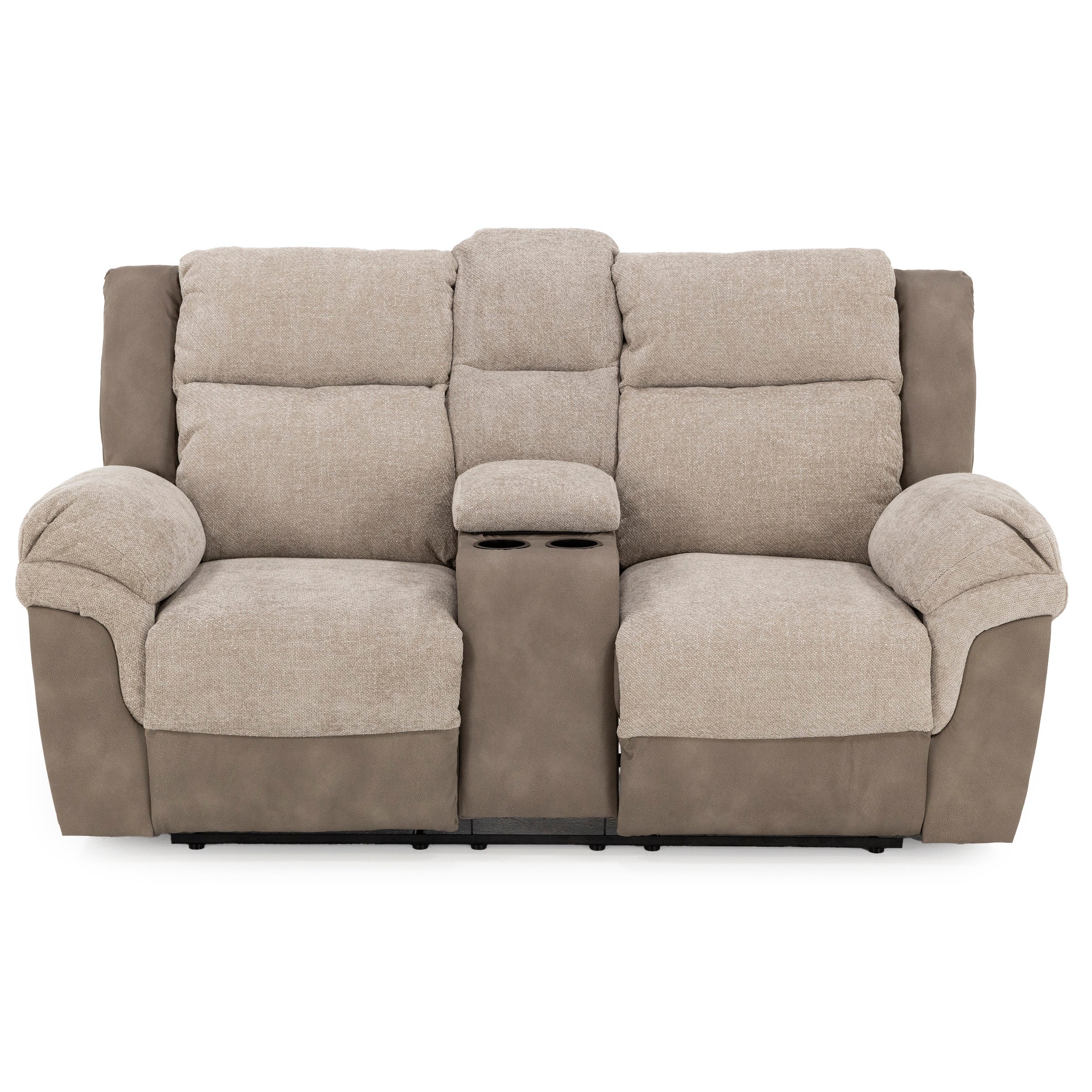 Beige reclining loveseat with plush cushions and center console with cup holders.