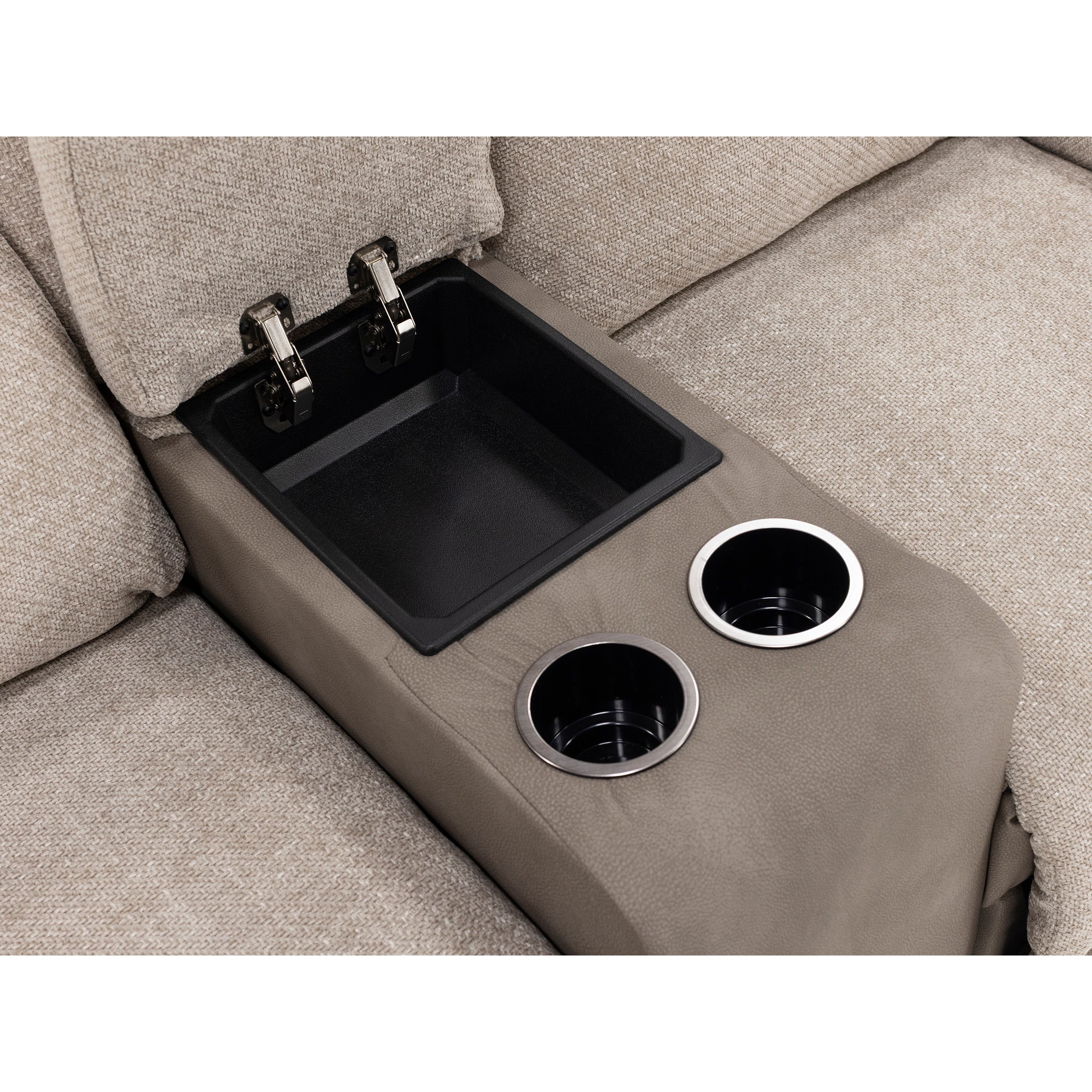 Sectional sofa center console with storage compartment and two cup holders.