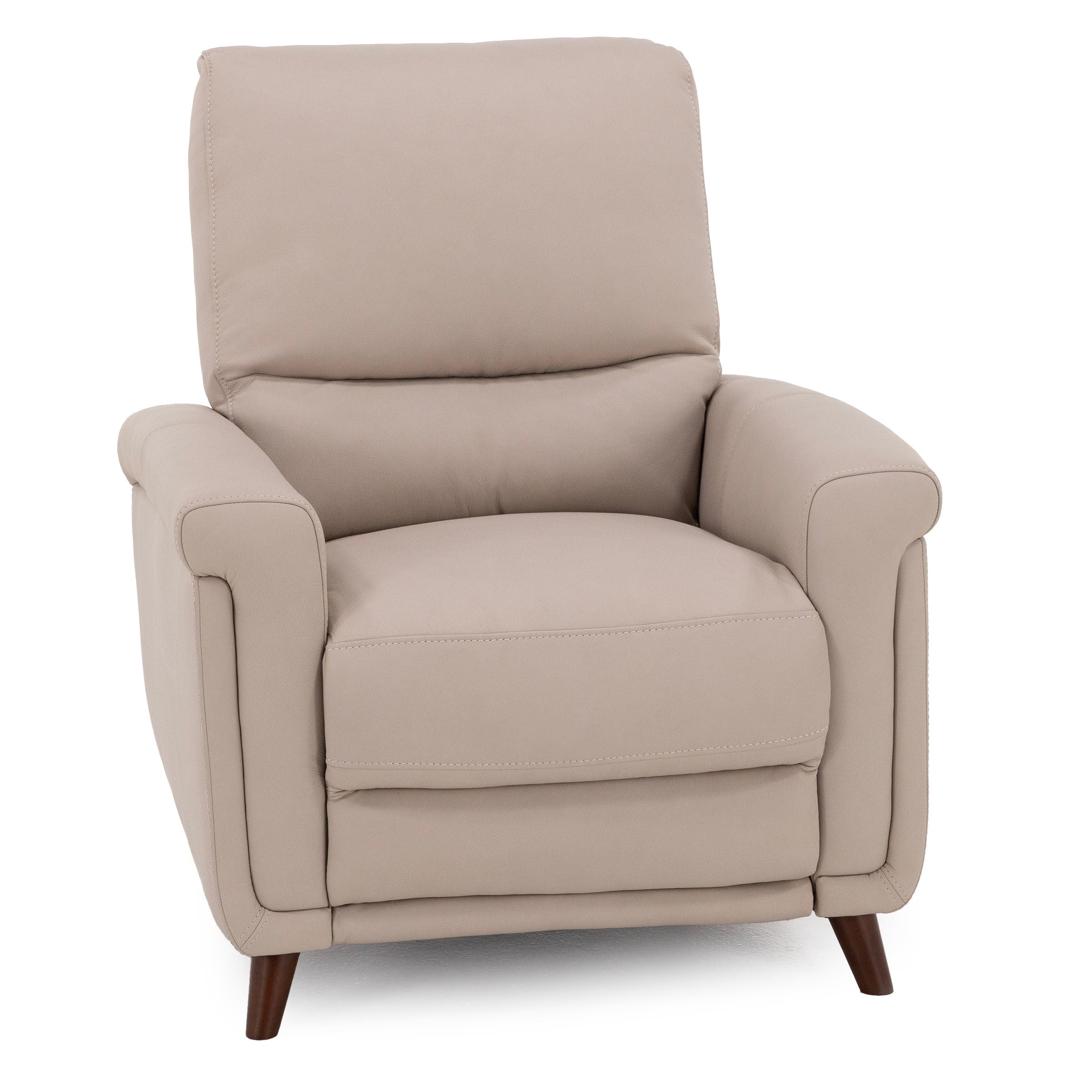 Light beige leather recliner armchair with wooden legs.