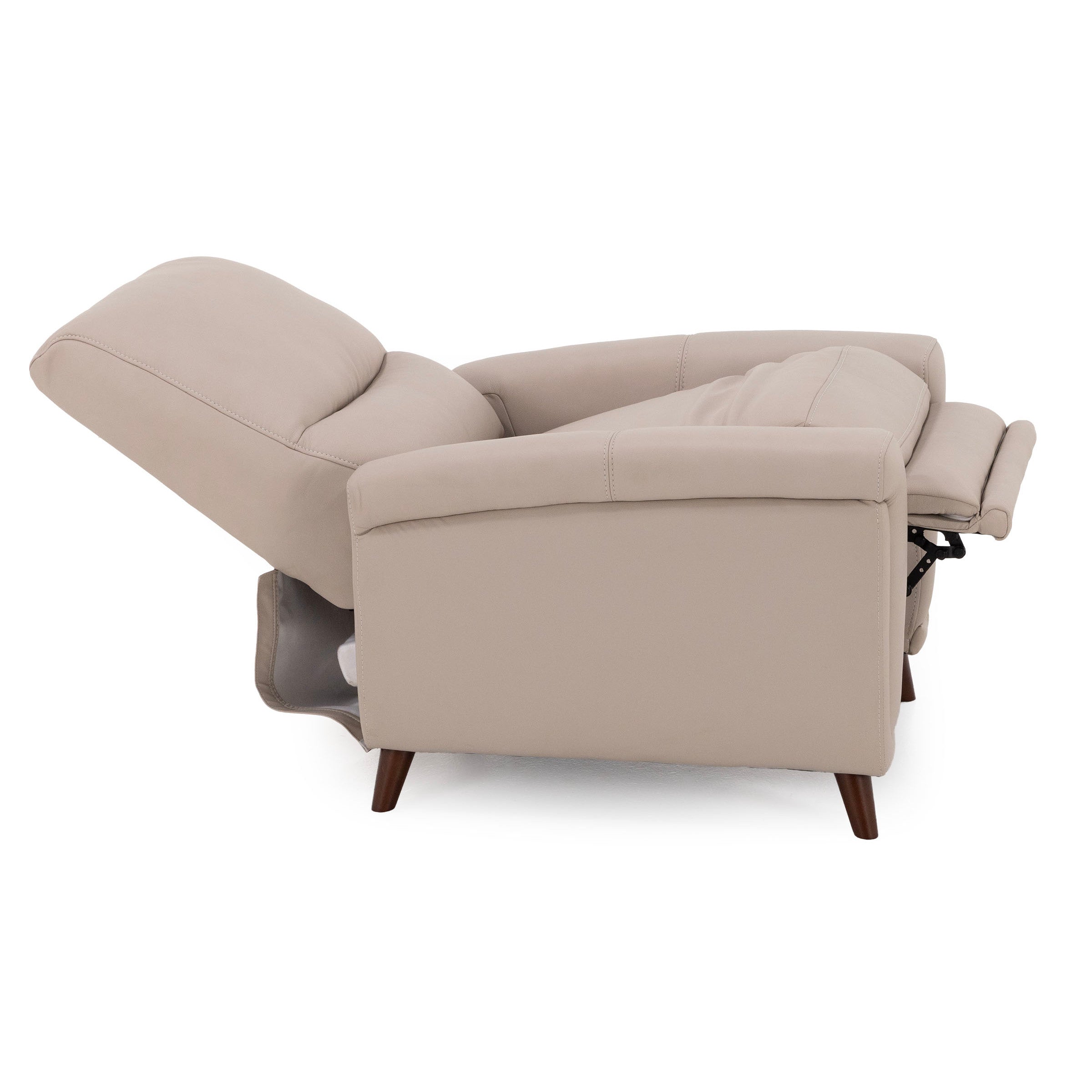Side view of a beige recliner chair in a fully extended position.