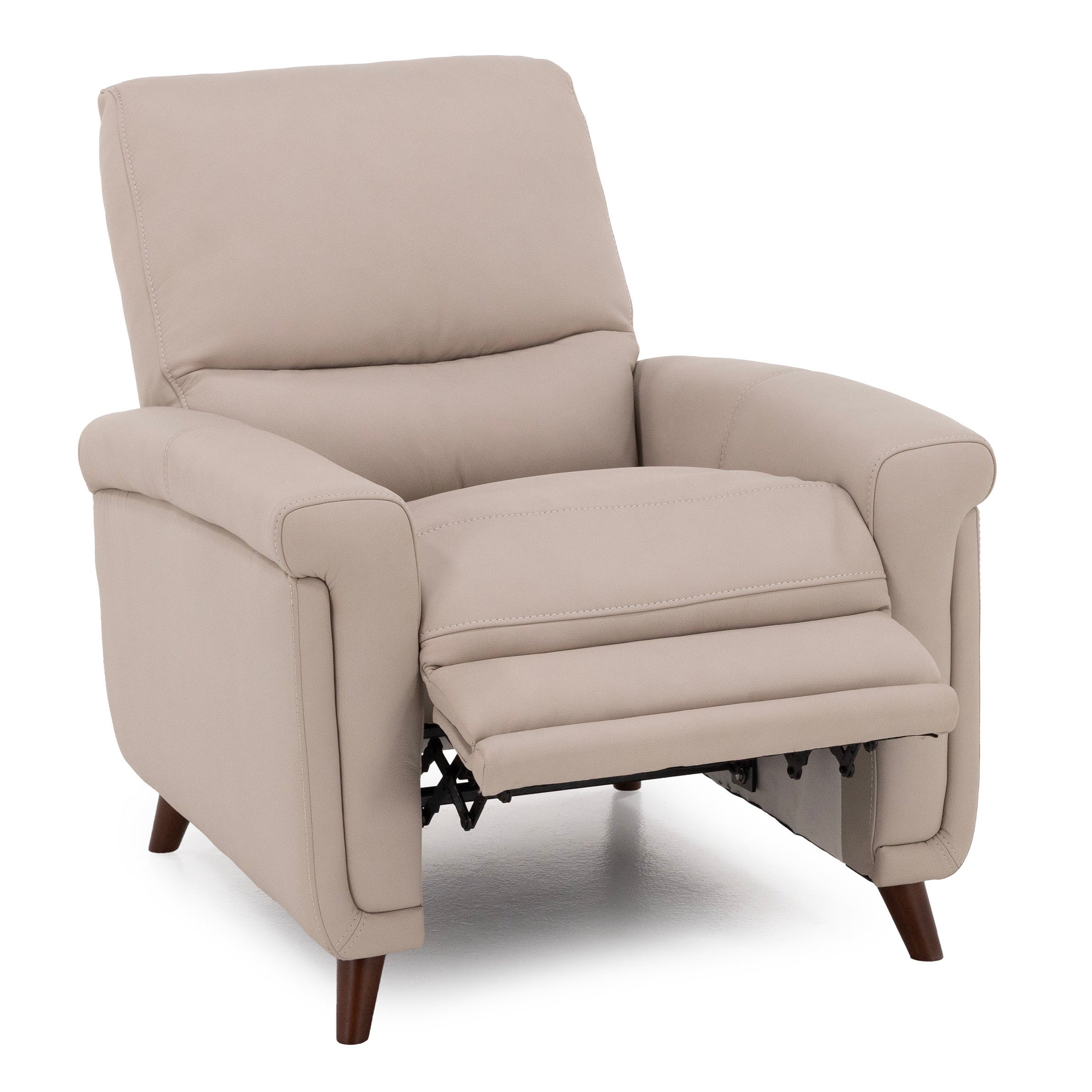 Beige recliner chair with extended footrest and wooden legs.