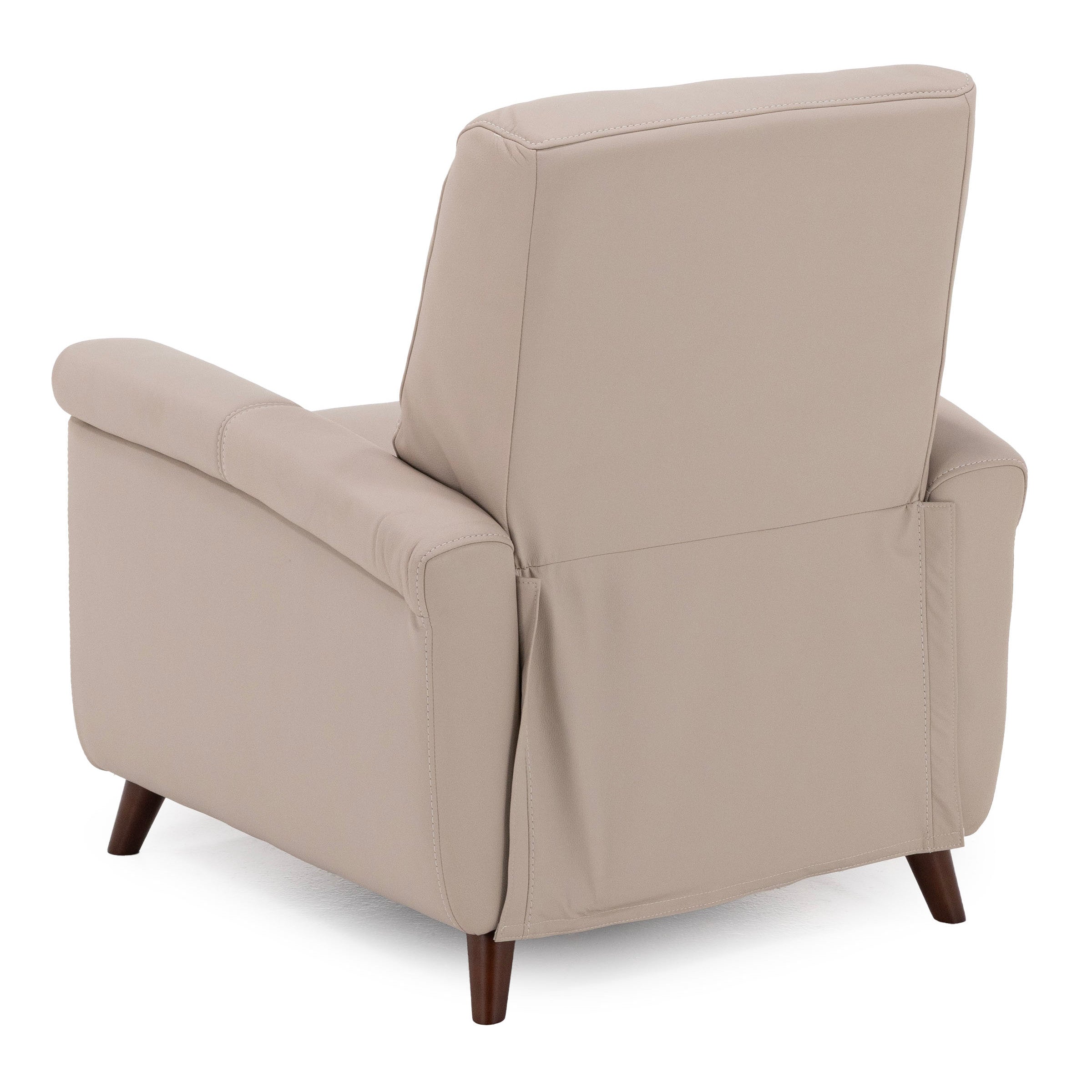 Beige recliner chair shown from the back with wooden legs.