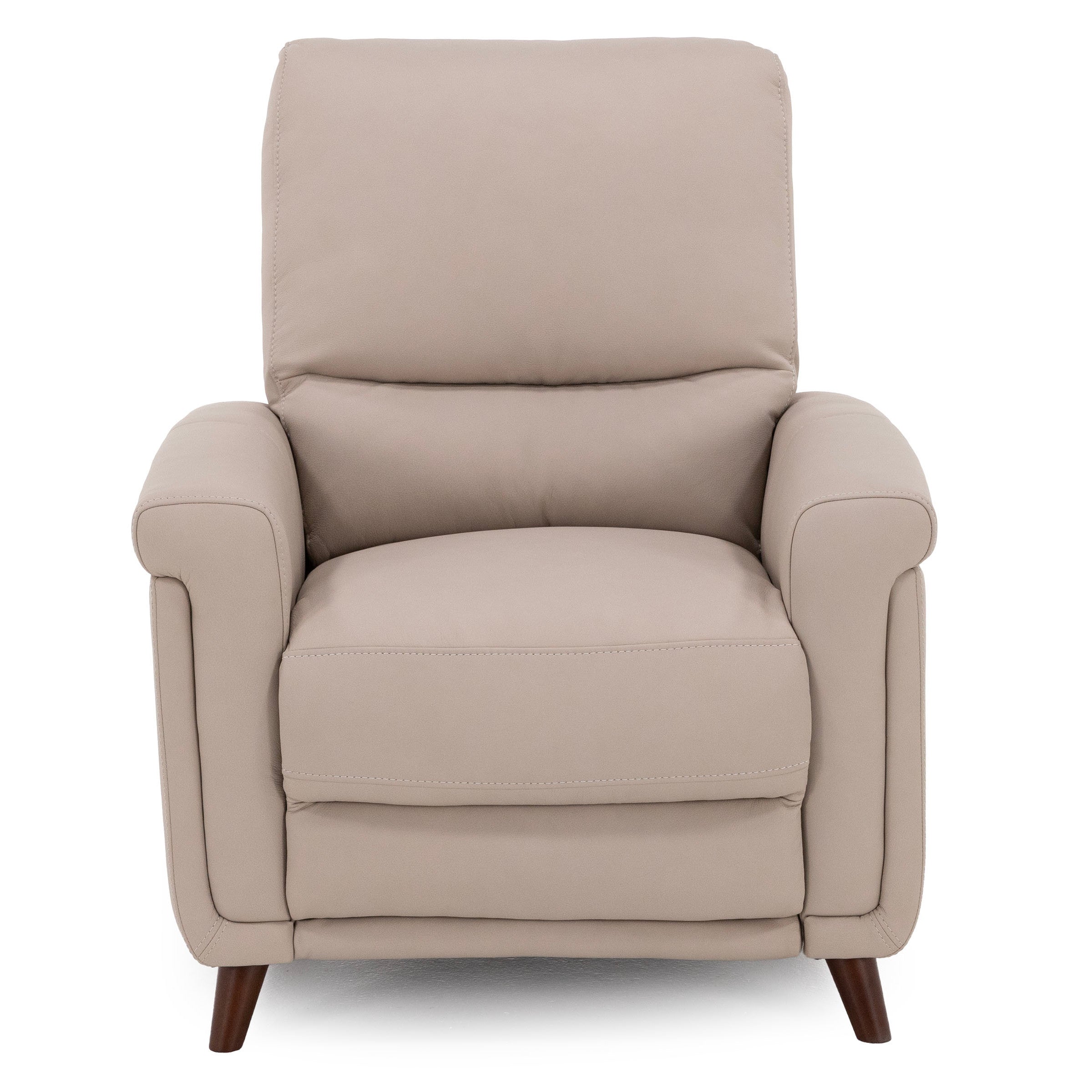 Beige recliner chair with padded arms and wooden legs, shown from the front.