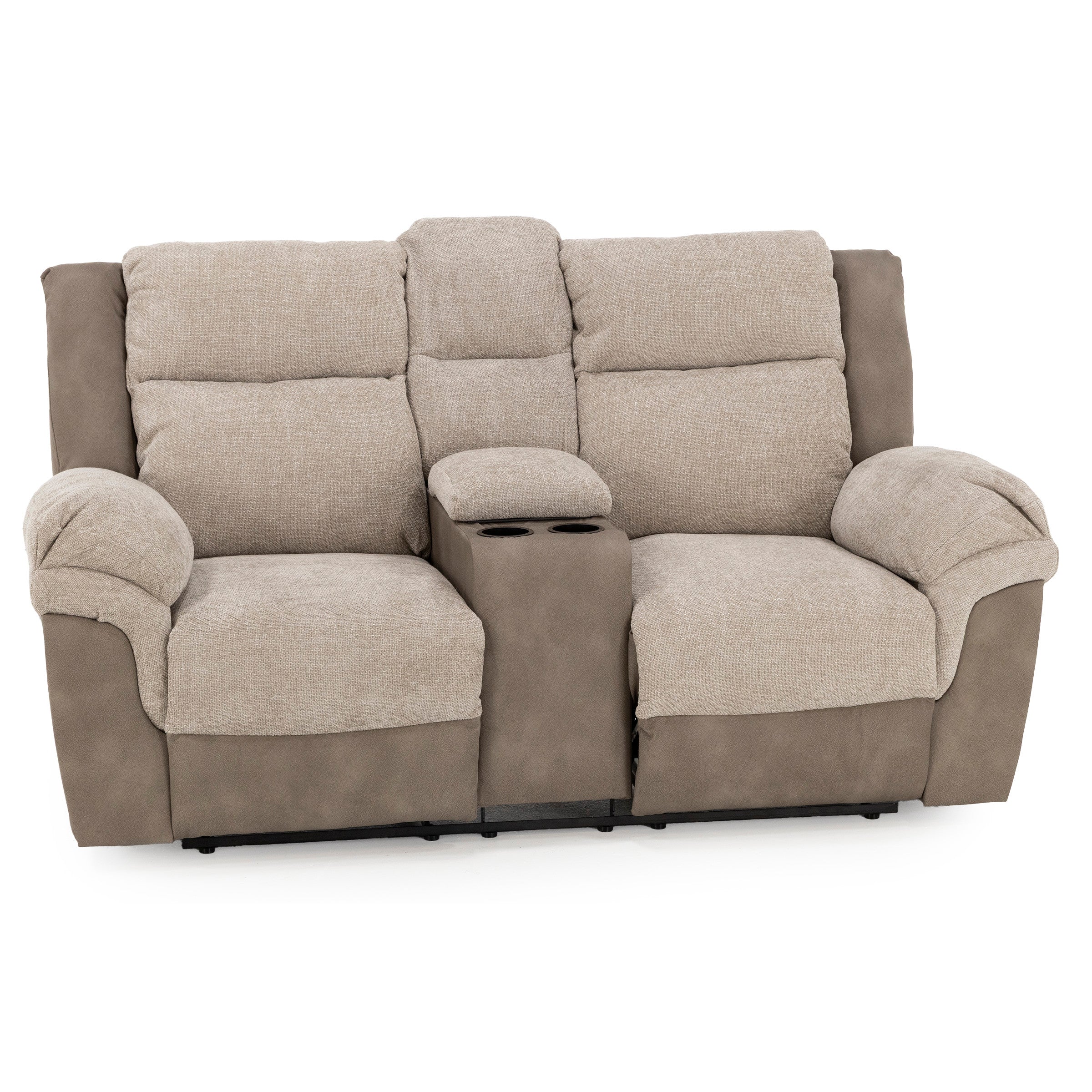 Beige and brown two-seat reclining loveseat with center console and cup holders.