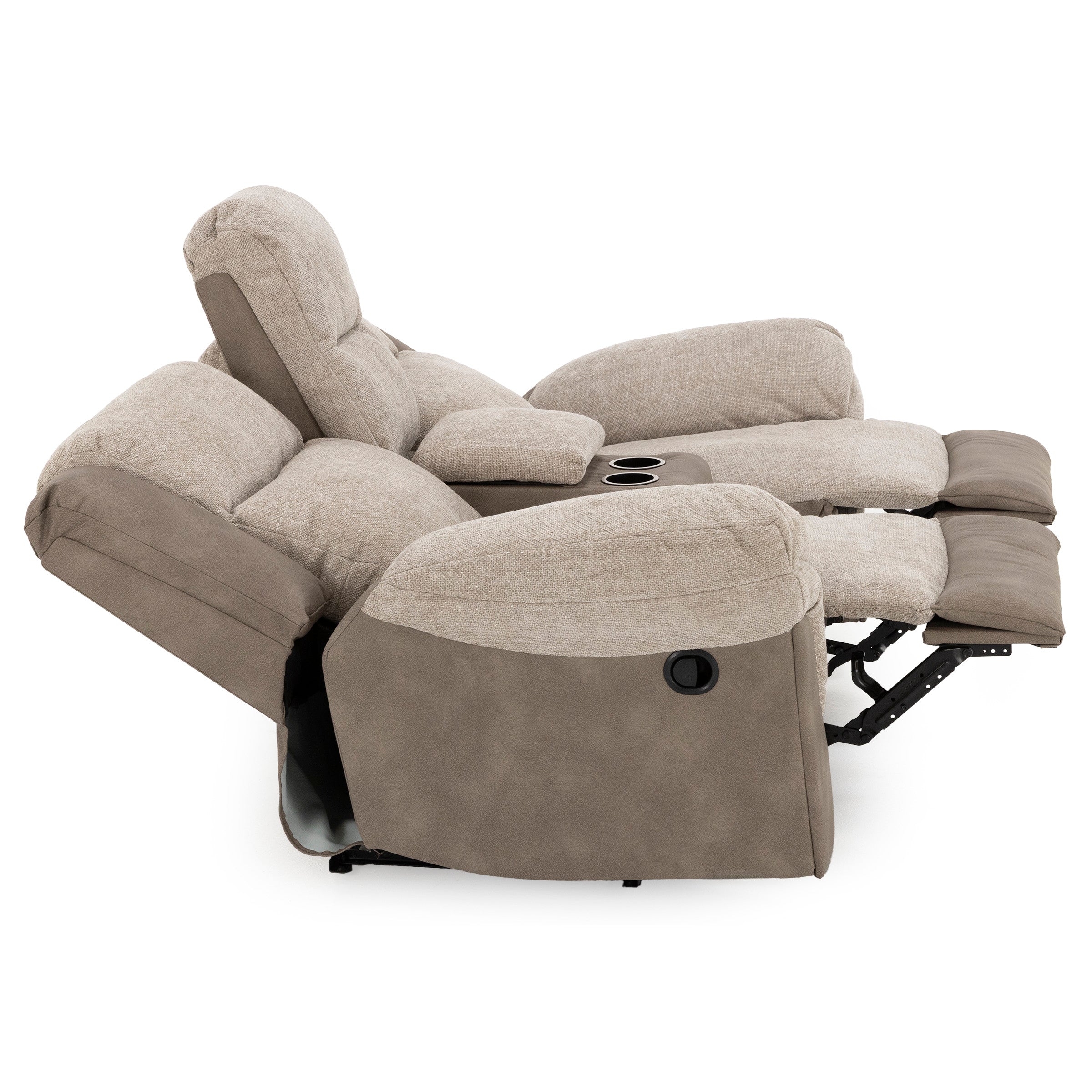 Beige fabric reclining loveseat with cup holders, shown in fully reclined position.