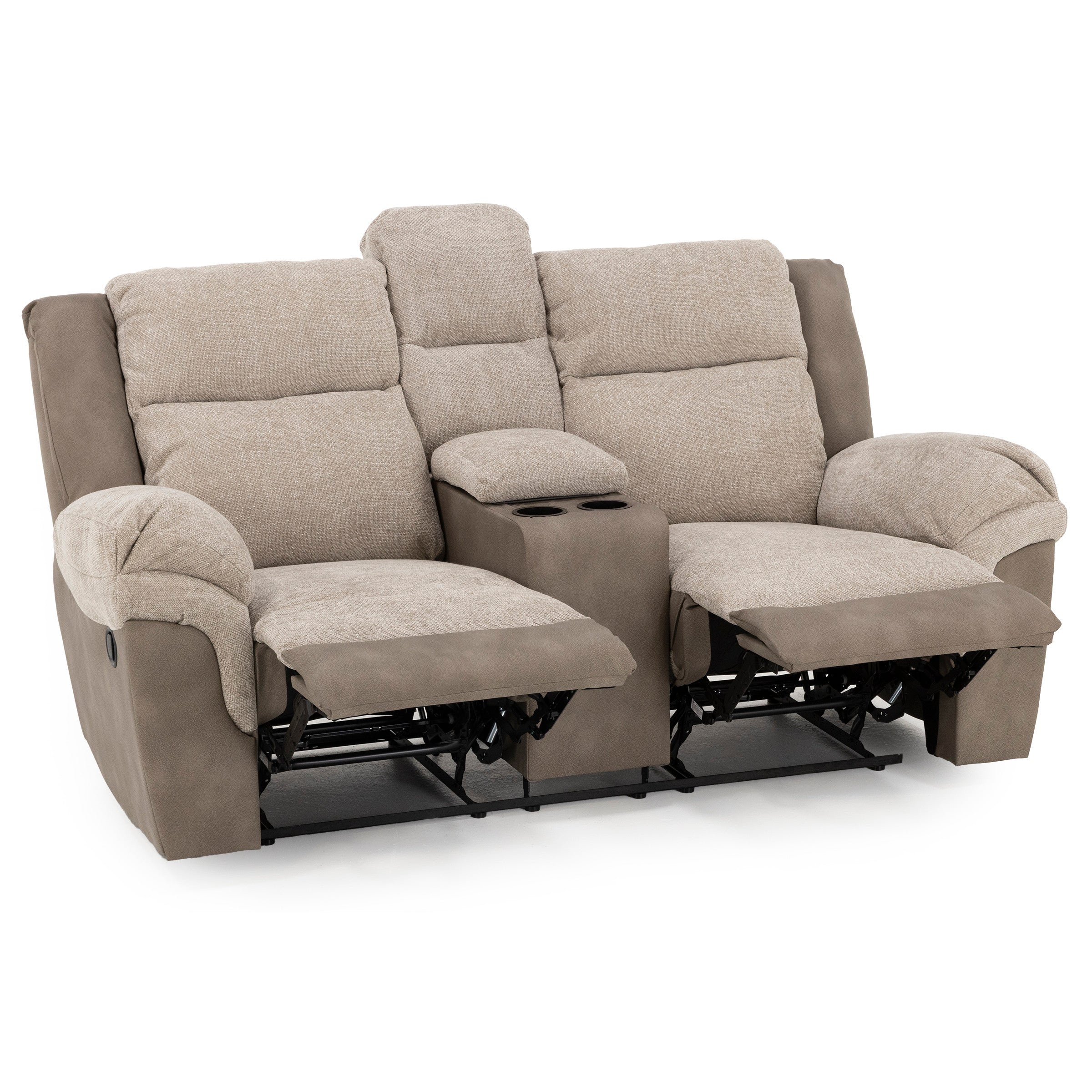 Two-seat reclining sofa with cup holders and center armrest, upholstered in beige and taupe fabric.