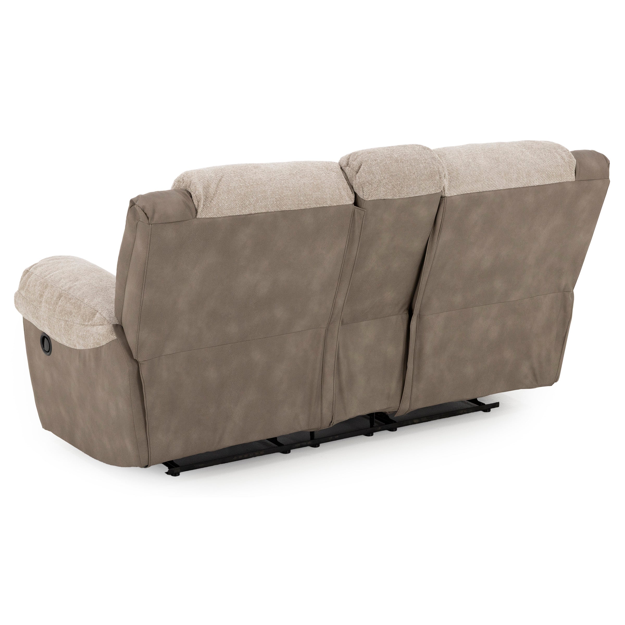 Rear view of a three-seat reclining sofa in taupe and beige upholstery.