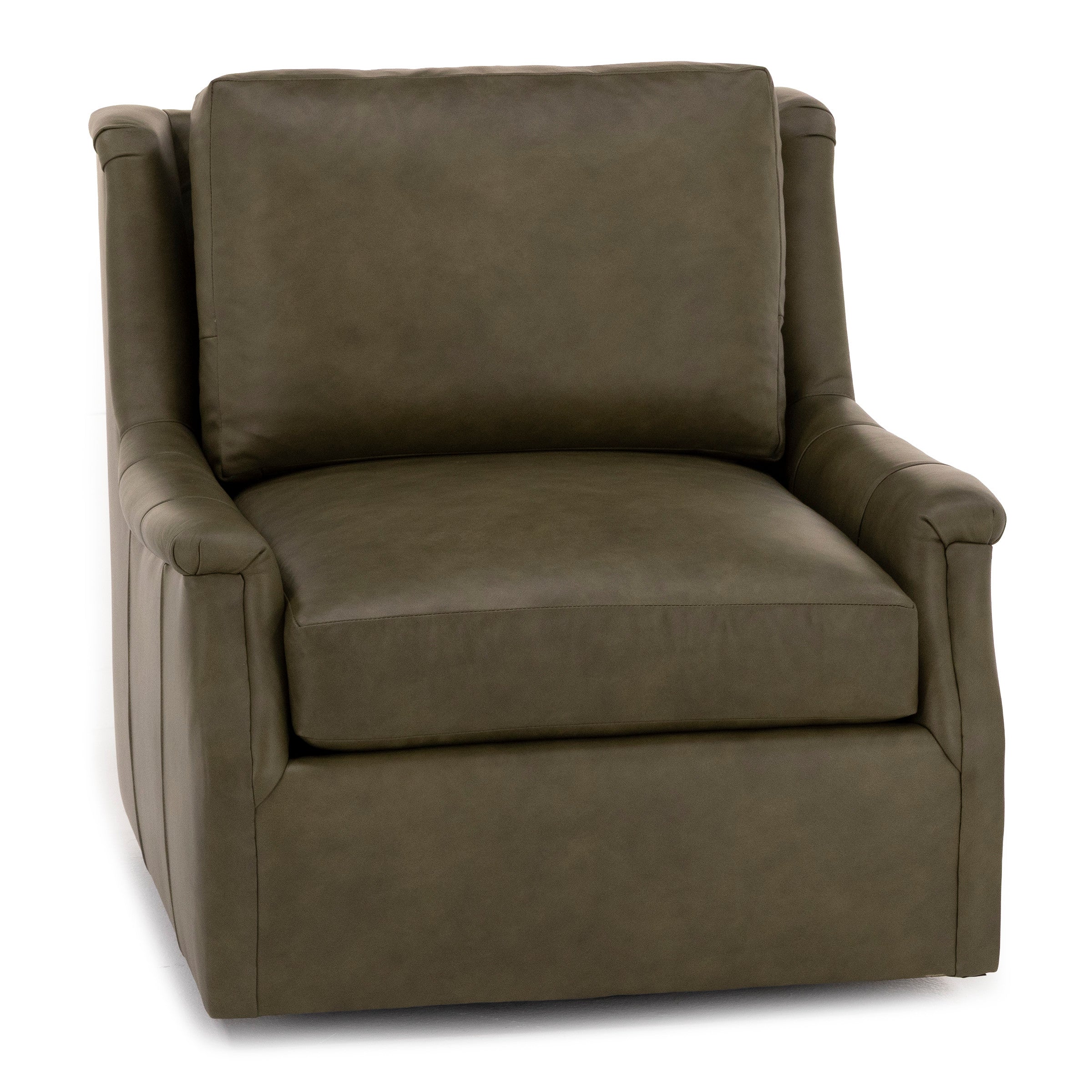 Olive green leather armchair with wide seat and plush back cushion.