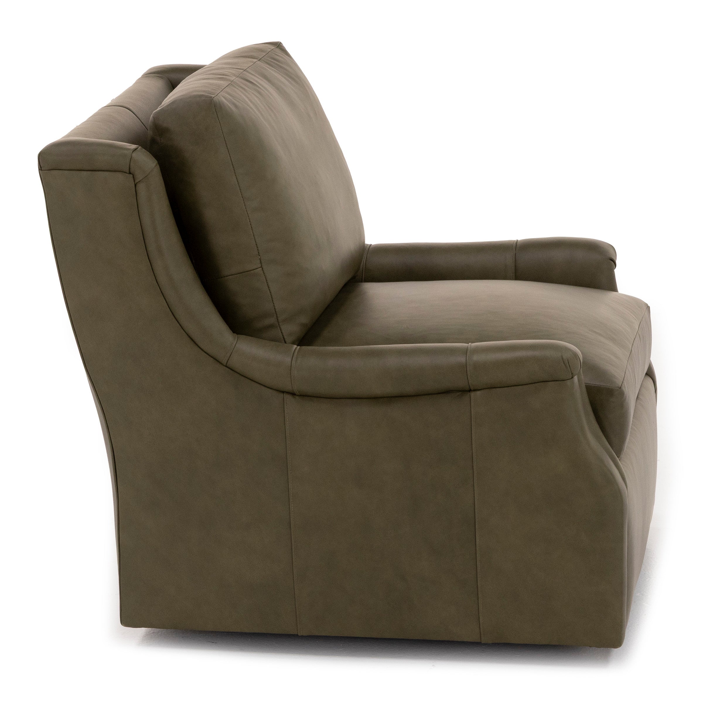 Side view of a modern, olive-green armchair with curved arms and cushioned seat.