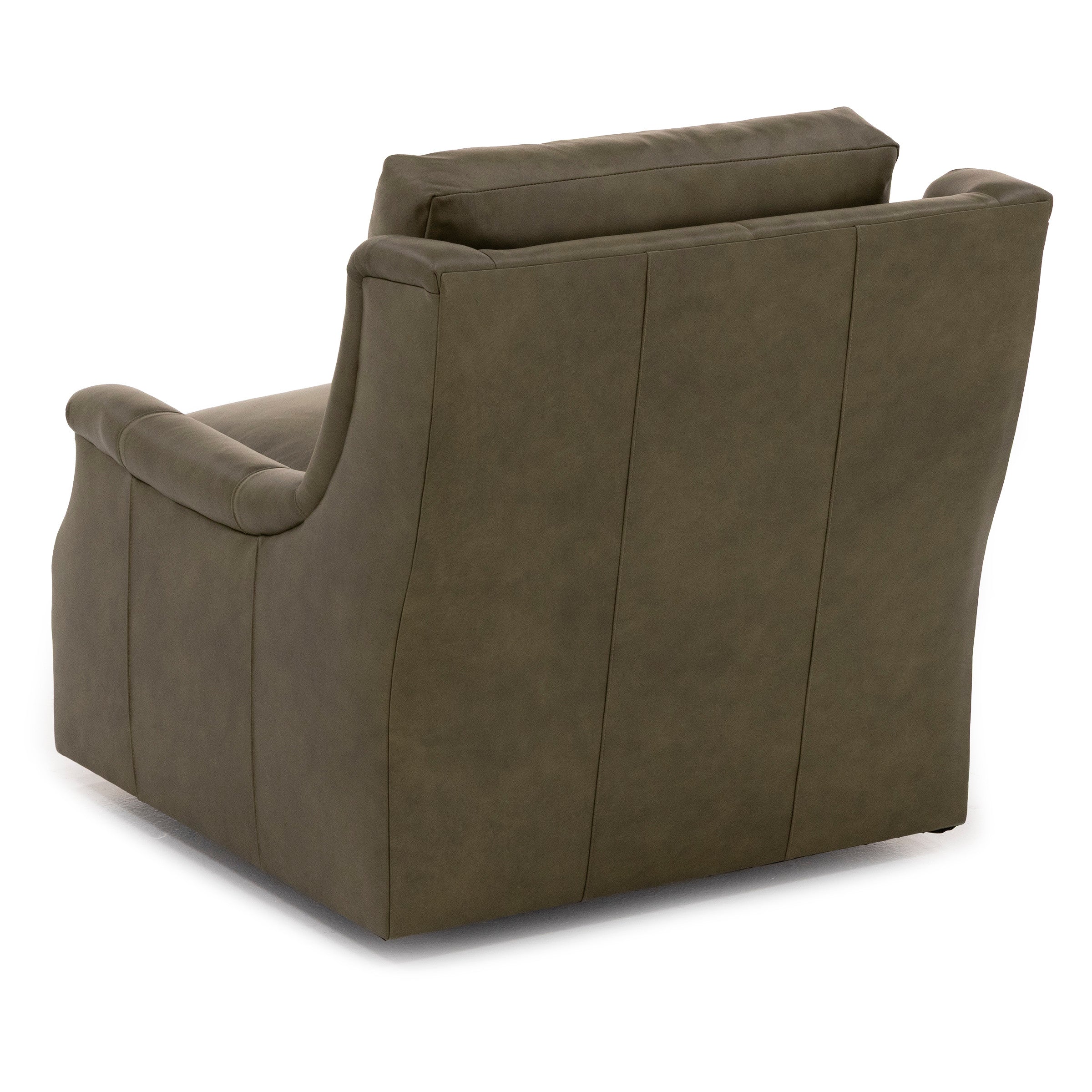 Back view of a green upholstered armchair with a cushioned back and curved arms.