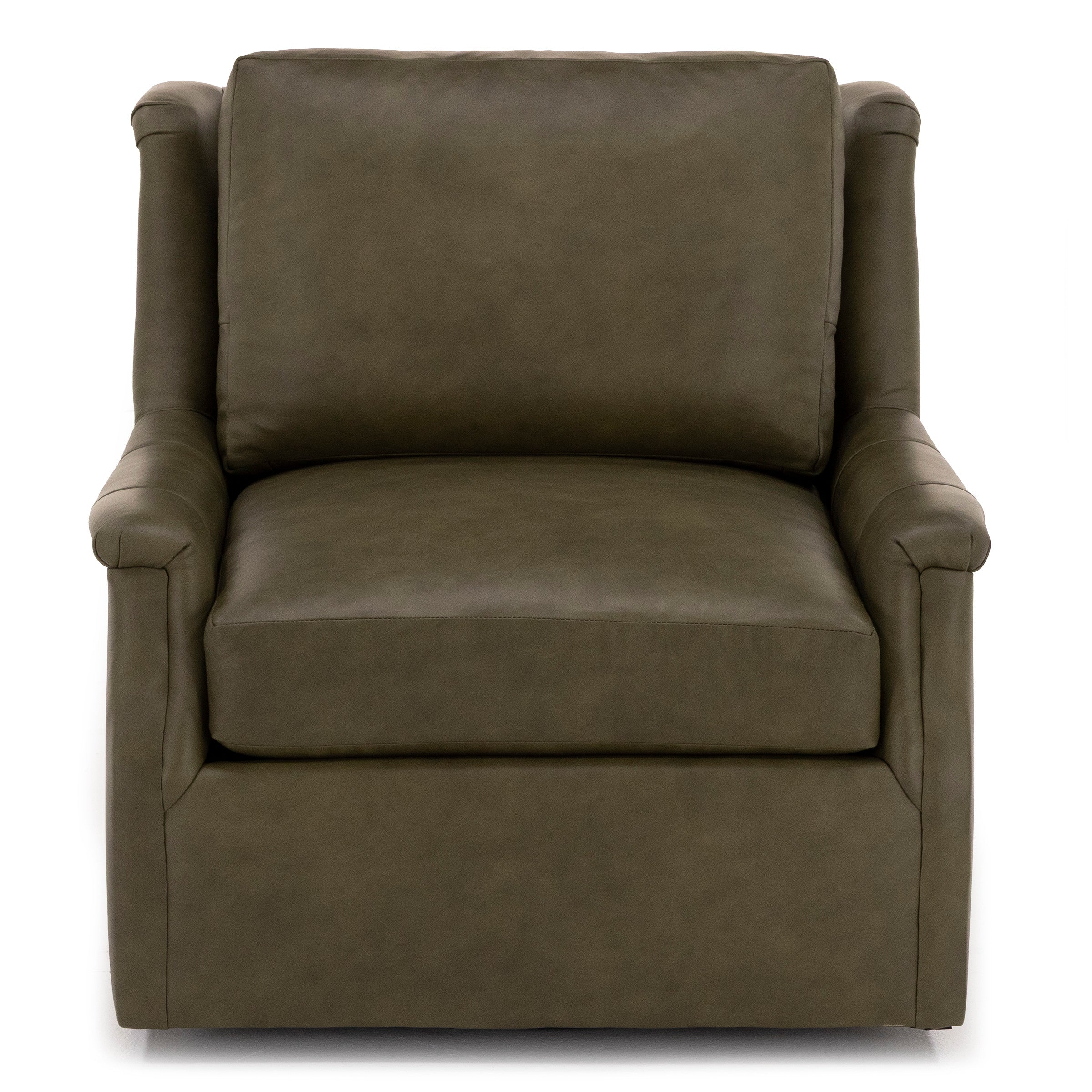 Front view of an olive green armchair with cushion seat and backrest.