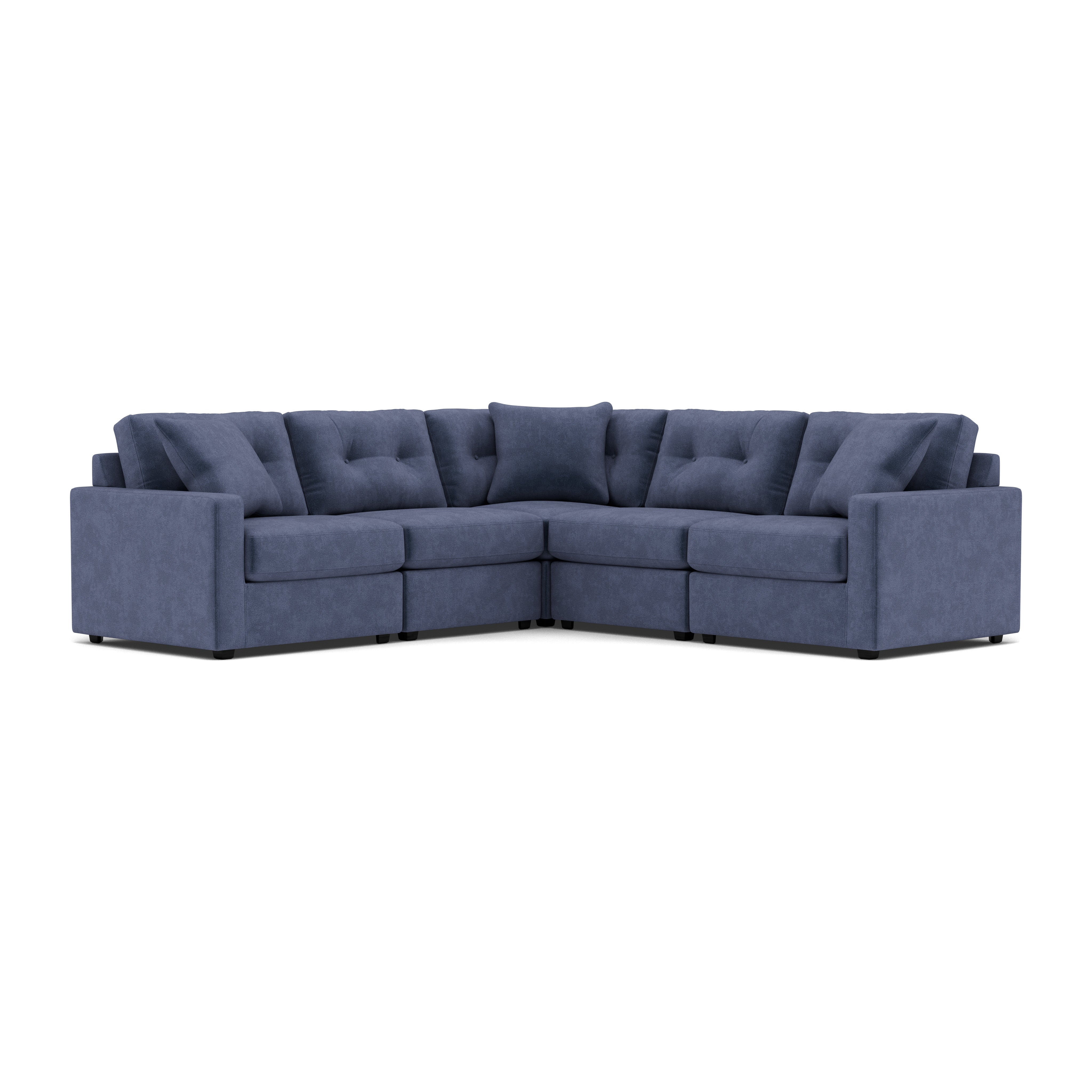 Blue L-shaped sectional sofa with tufted back cushions and square arms.