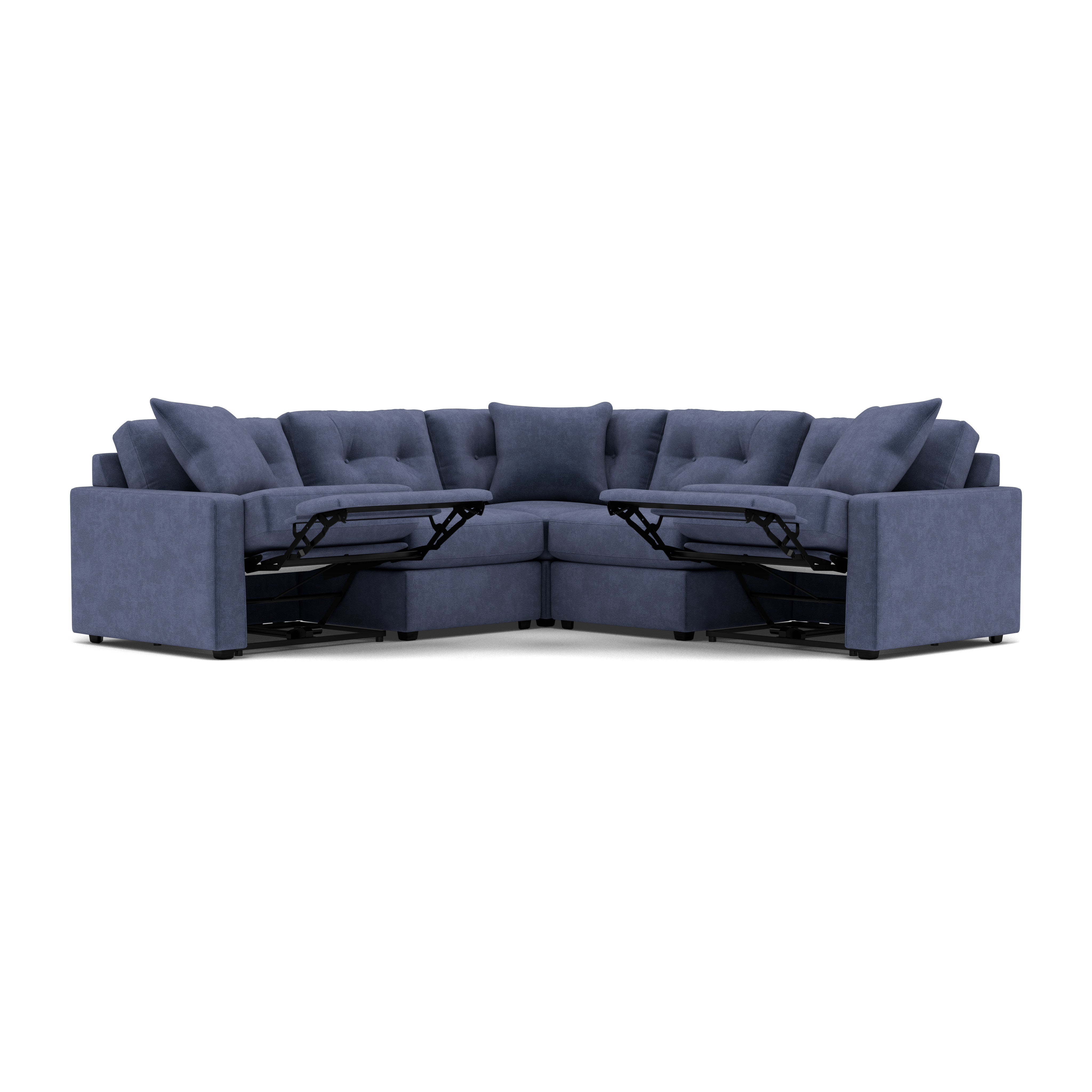 Blue sectional sofa with two extended recliners and plush back cushions.