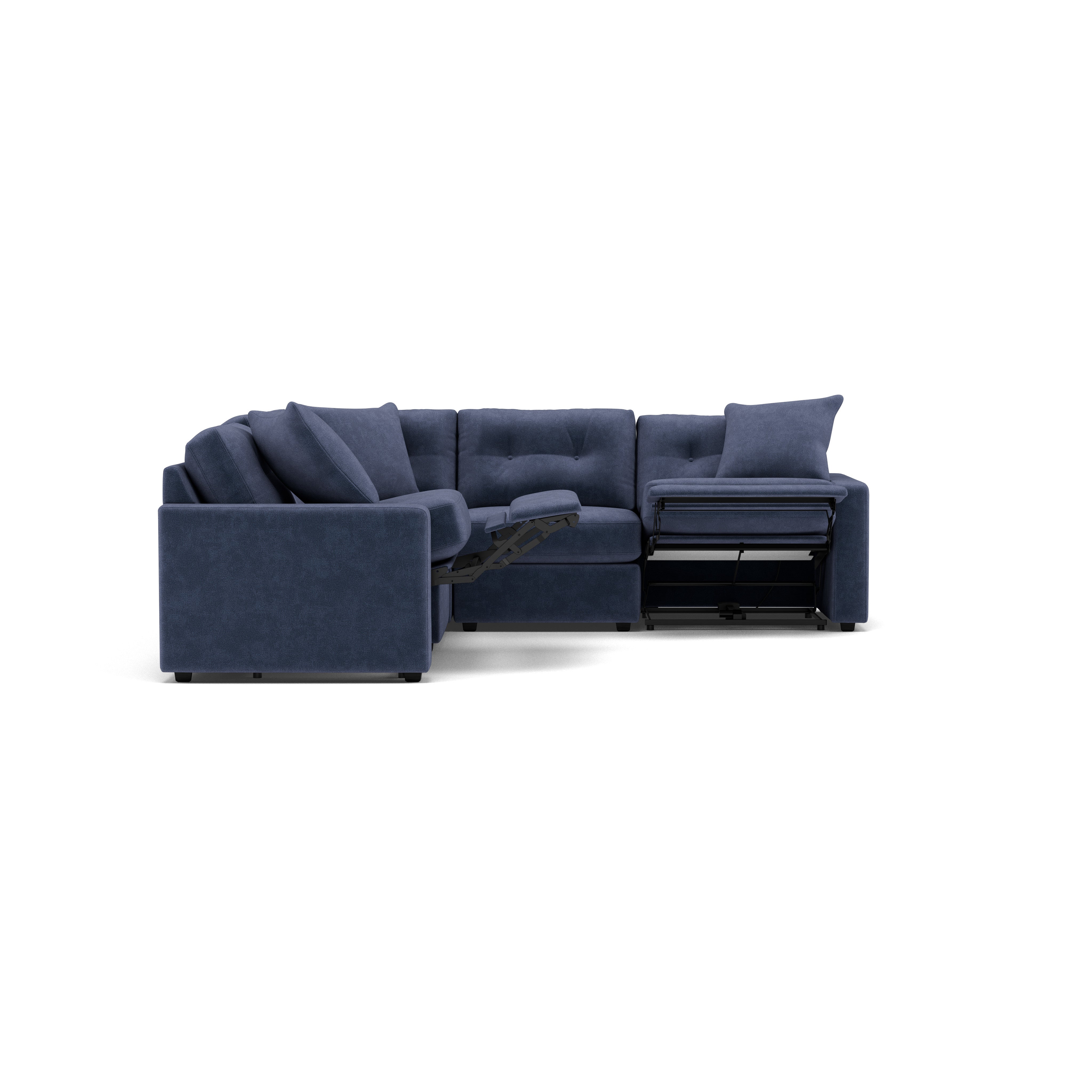 Blue L-shaped sectional sofa with extended recliner footrests and plush cushions.
