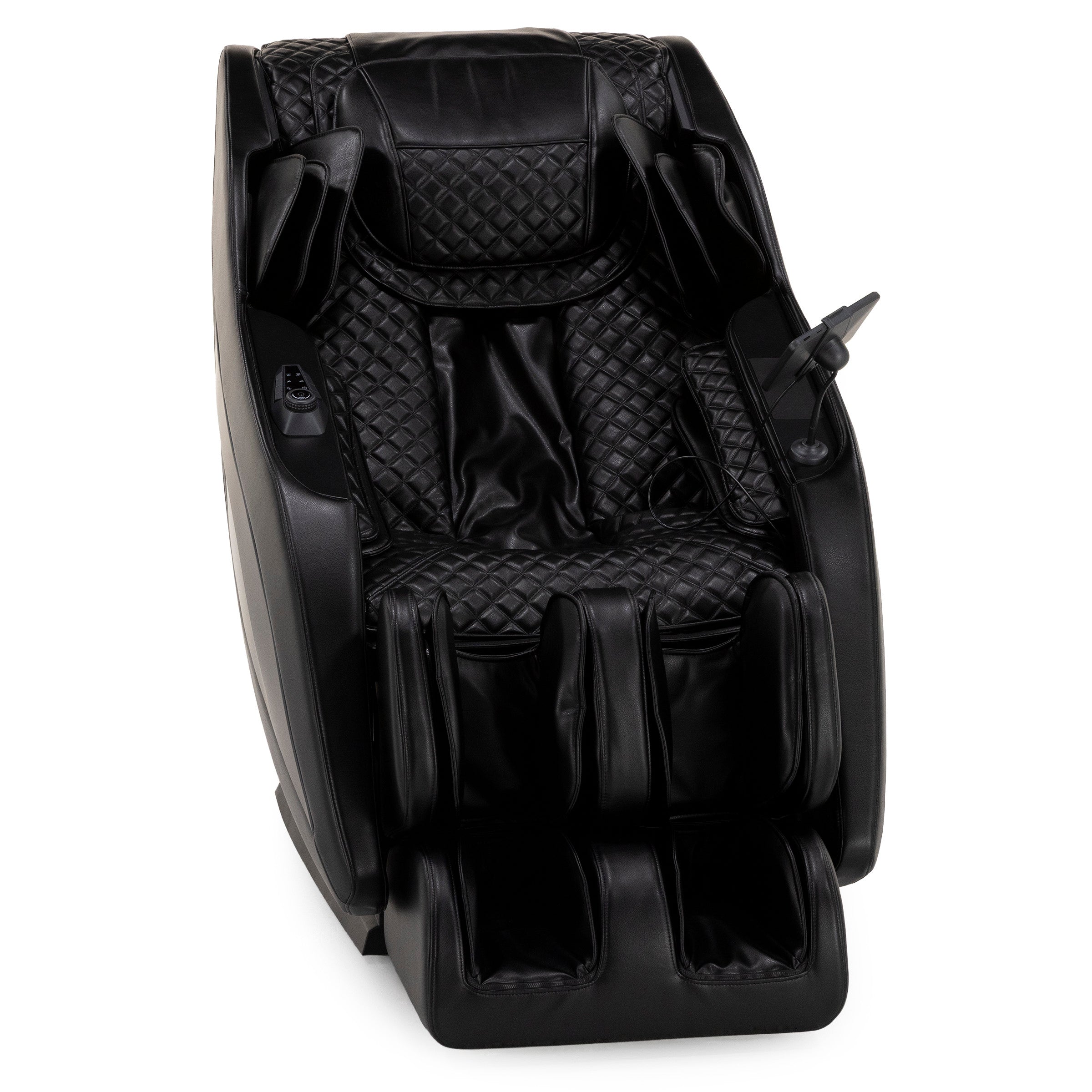 Black leather massage chair with quilted cushioning and built-in controls.
