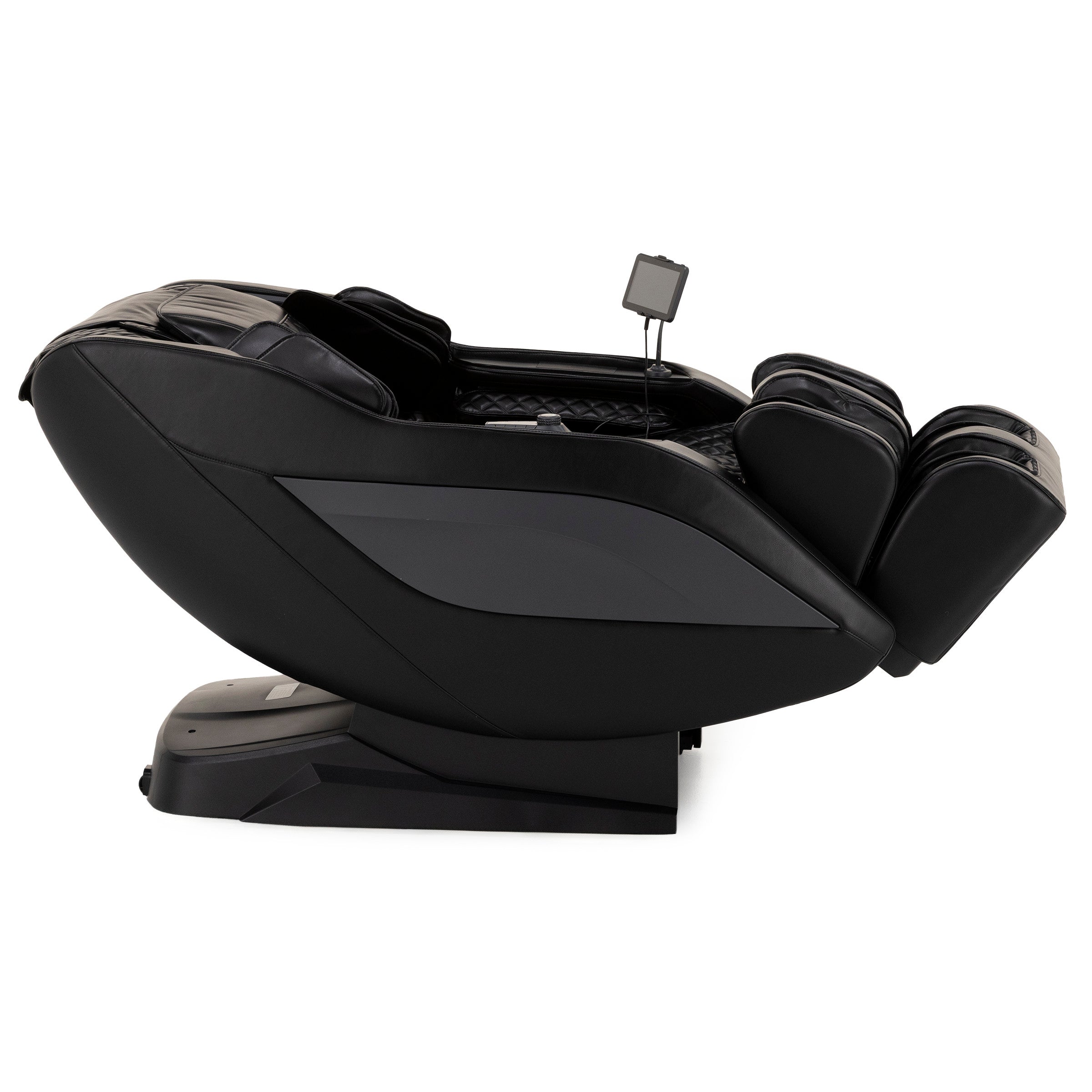 Black, modern reclined massage chair with attached control screen.