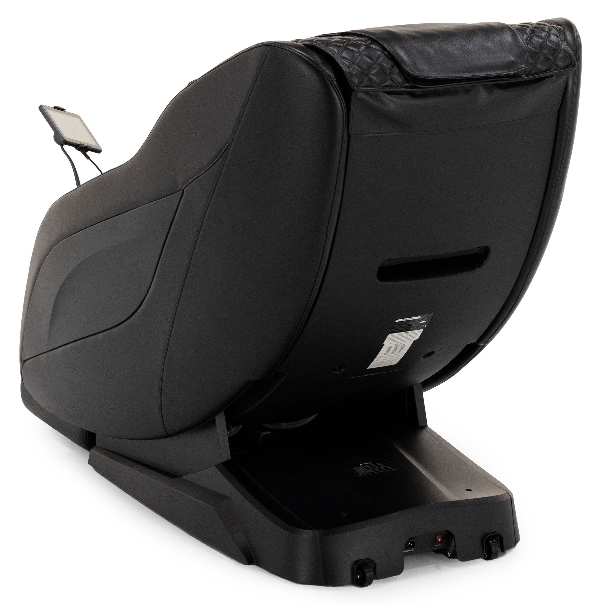 Rear view of a black massage chair with a tablet holder attached.