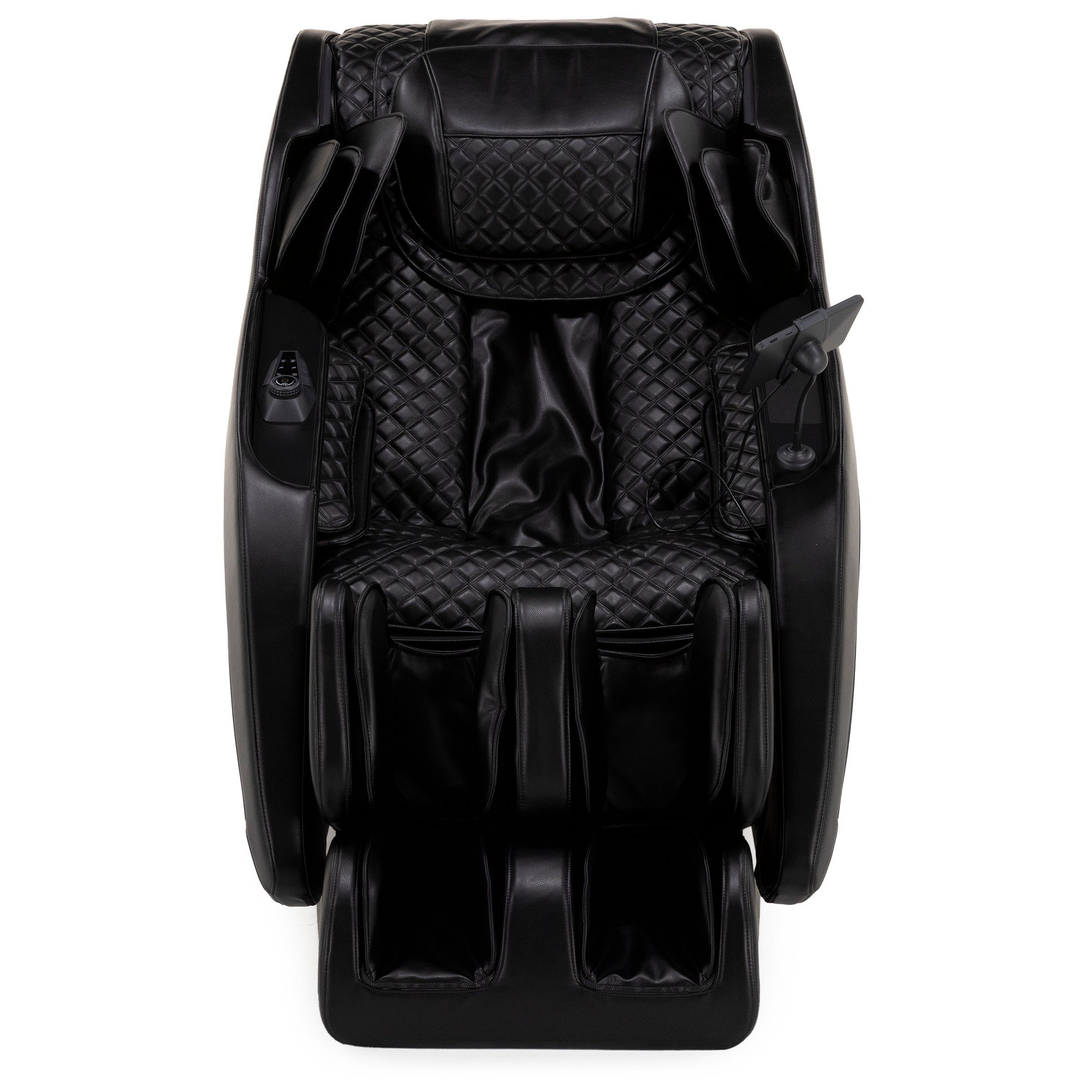 Black leather massage chair with quilted padding, arm and leg rests, and control panel.