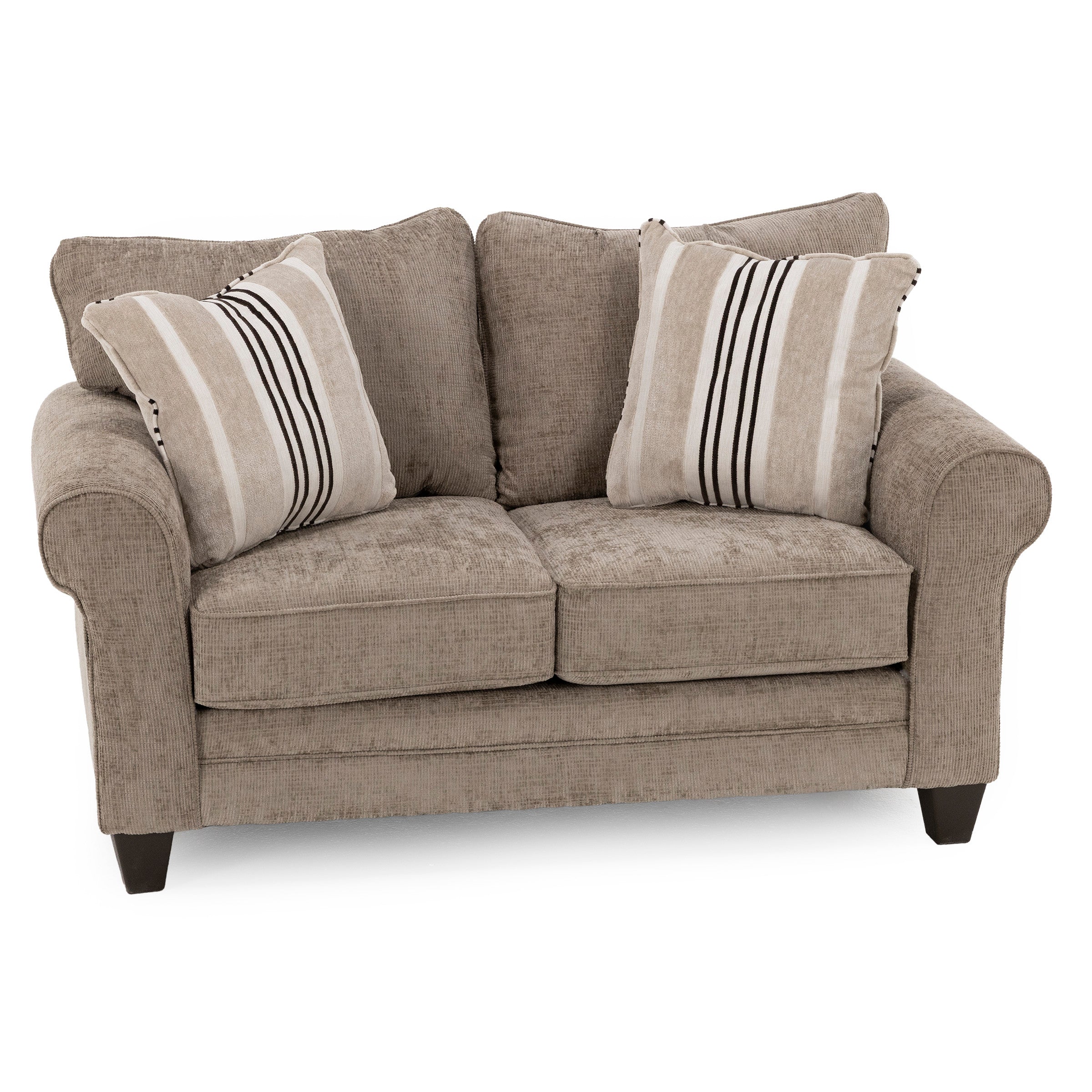 Beige upholstered loveseat with two striped accent pillows.
