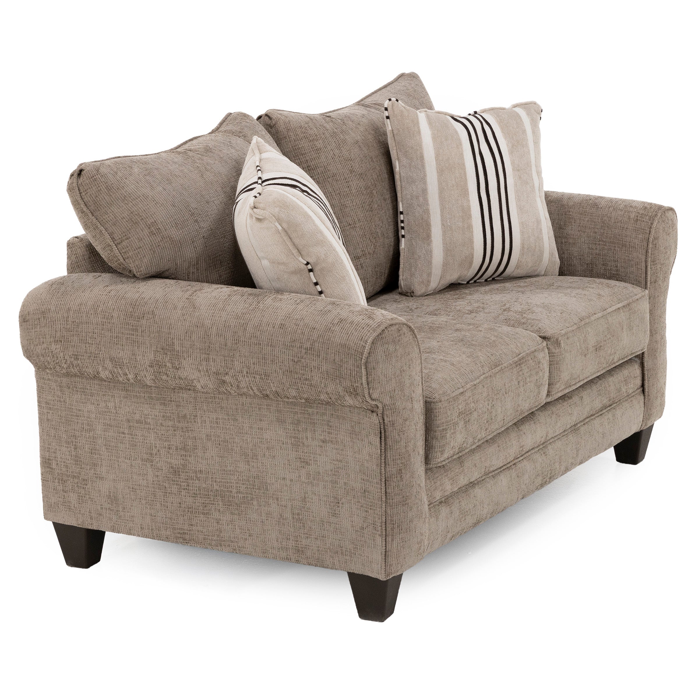 Beige loveseat with textured fabric and two striped accent pillows.