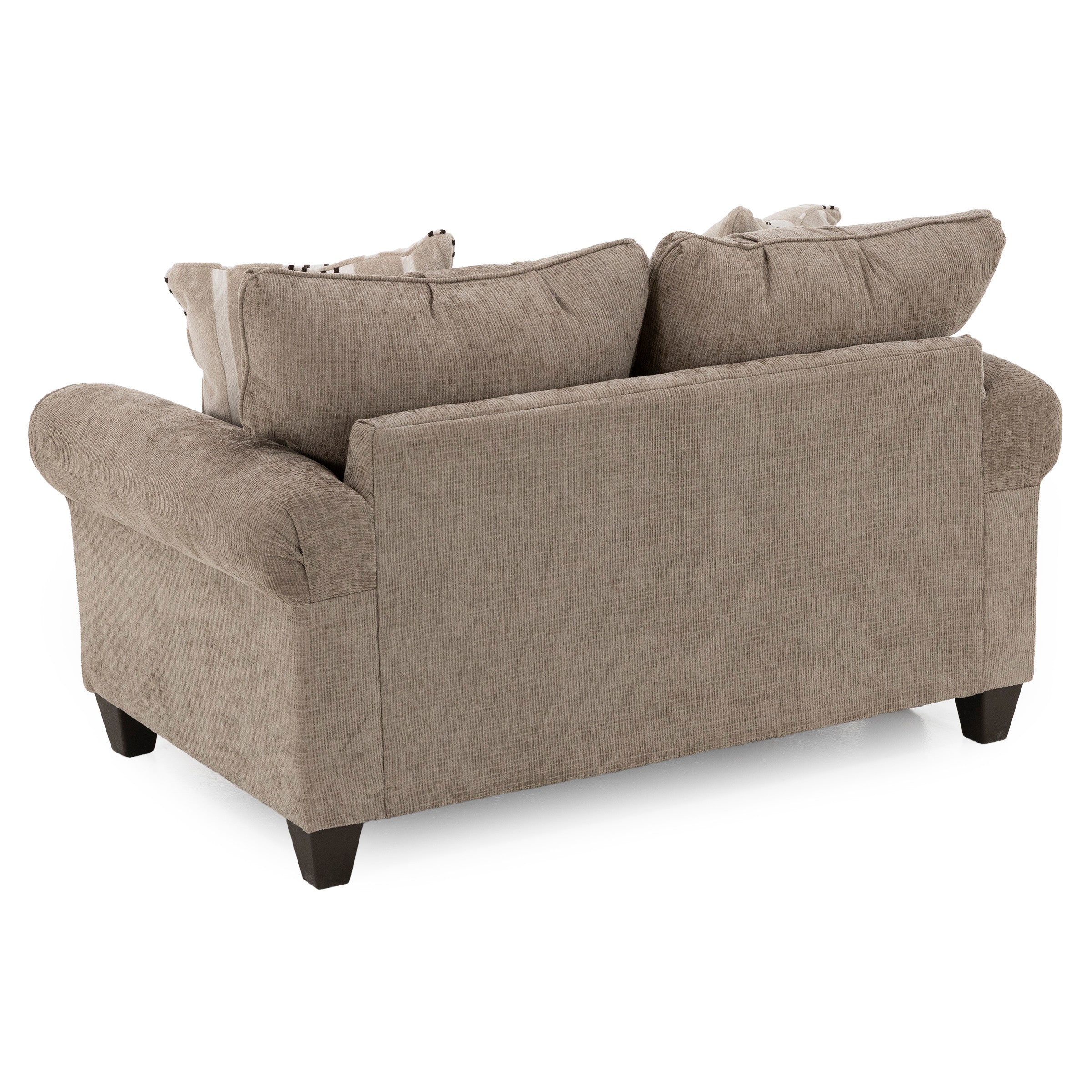 Back view of a beige upholstered loveseat with rolled arms and dark wooden legs.
