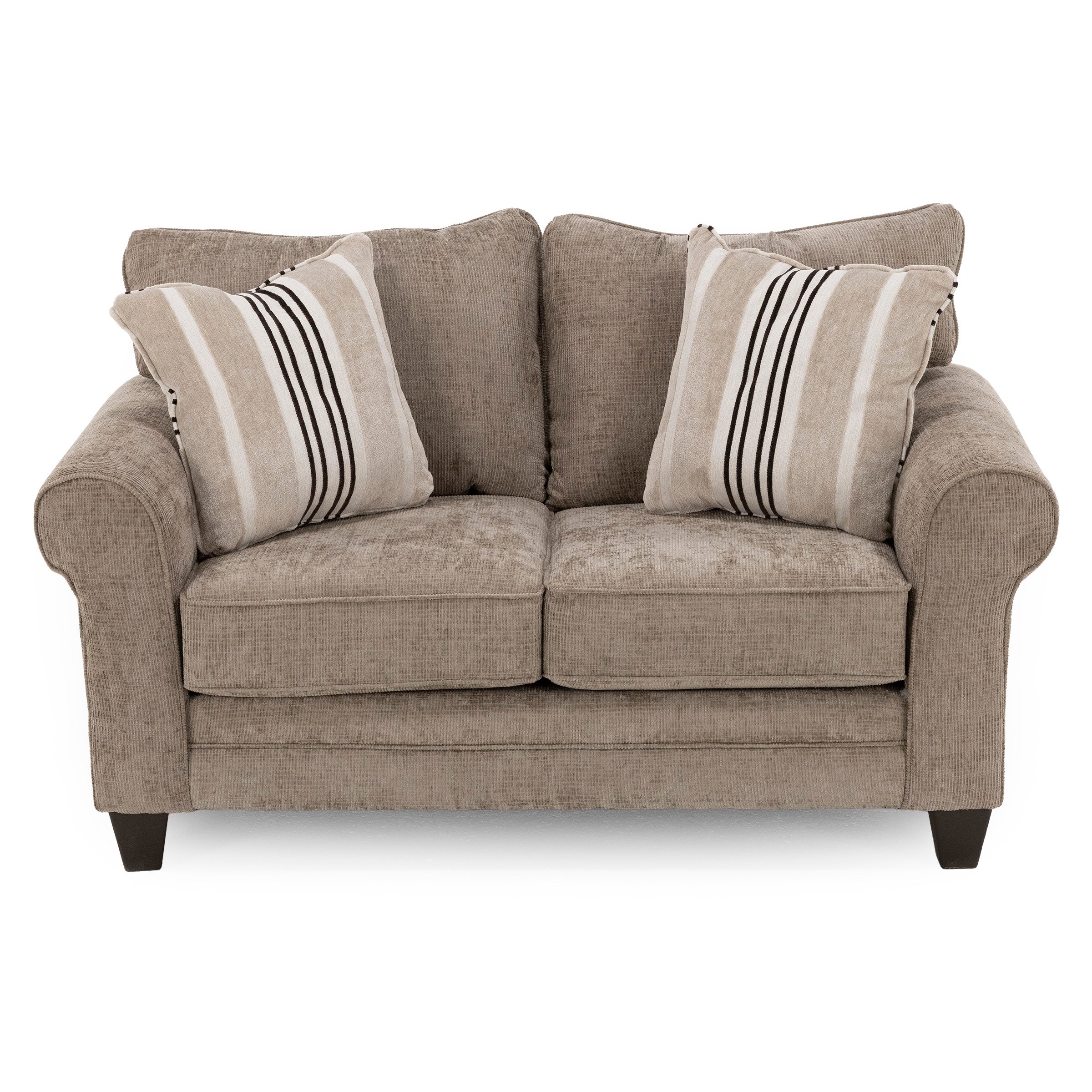 Beige upholstered loveseat with two striped accent pillows.