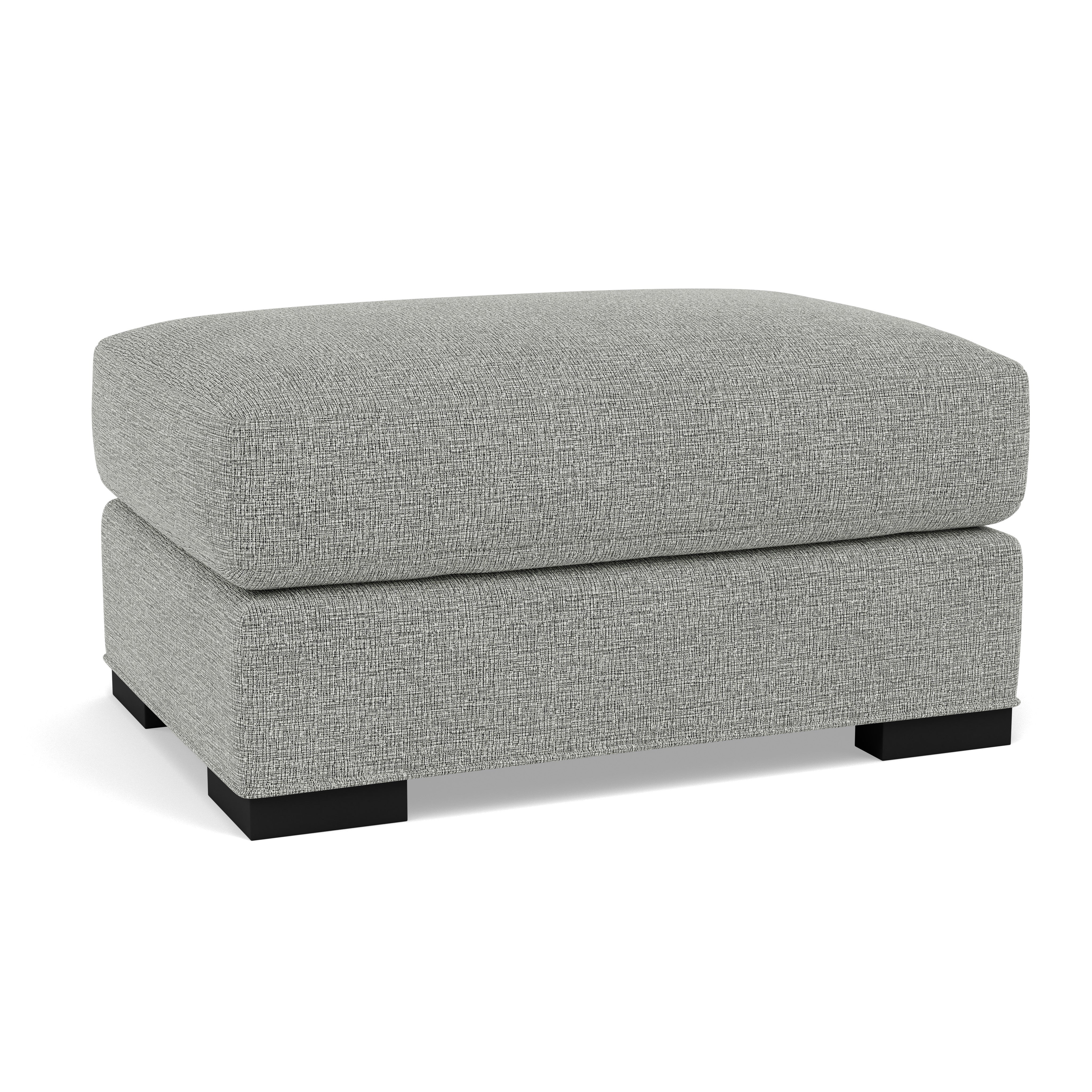 Gray upholstered ottoman with black block feet.