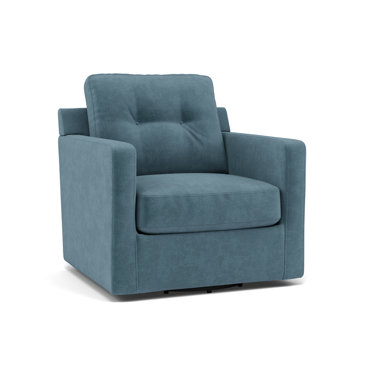 Modern blue armchair with boxy shape and padded cushions.