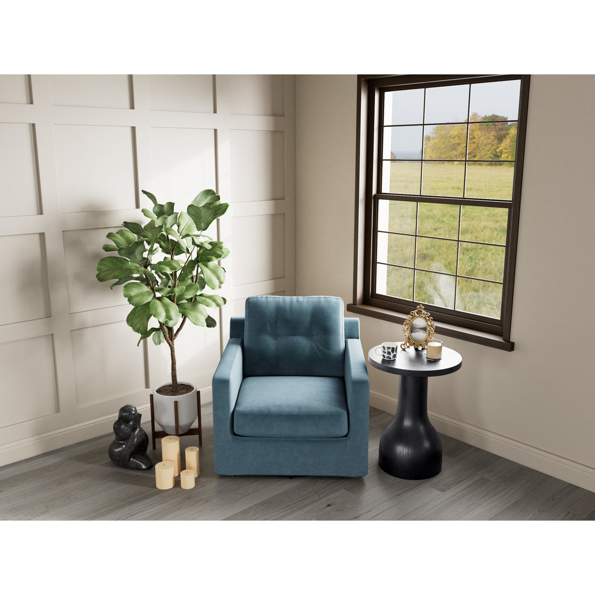 Blue armchair beside table and plant near a window in a cozy living room corner.