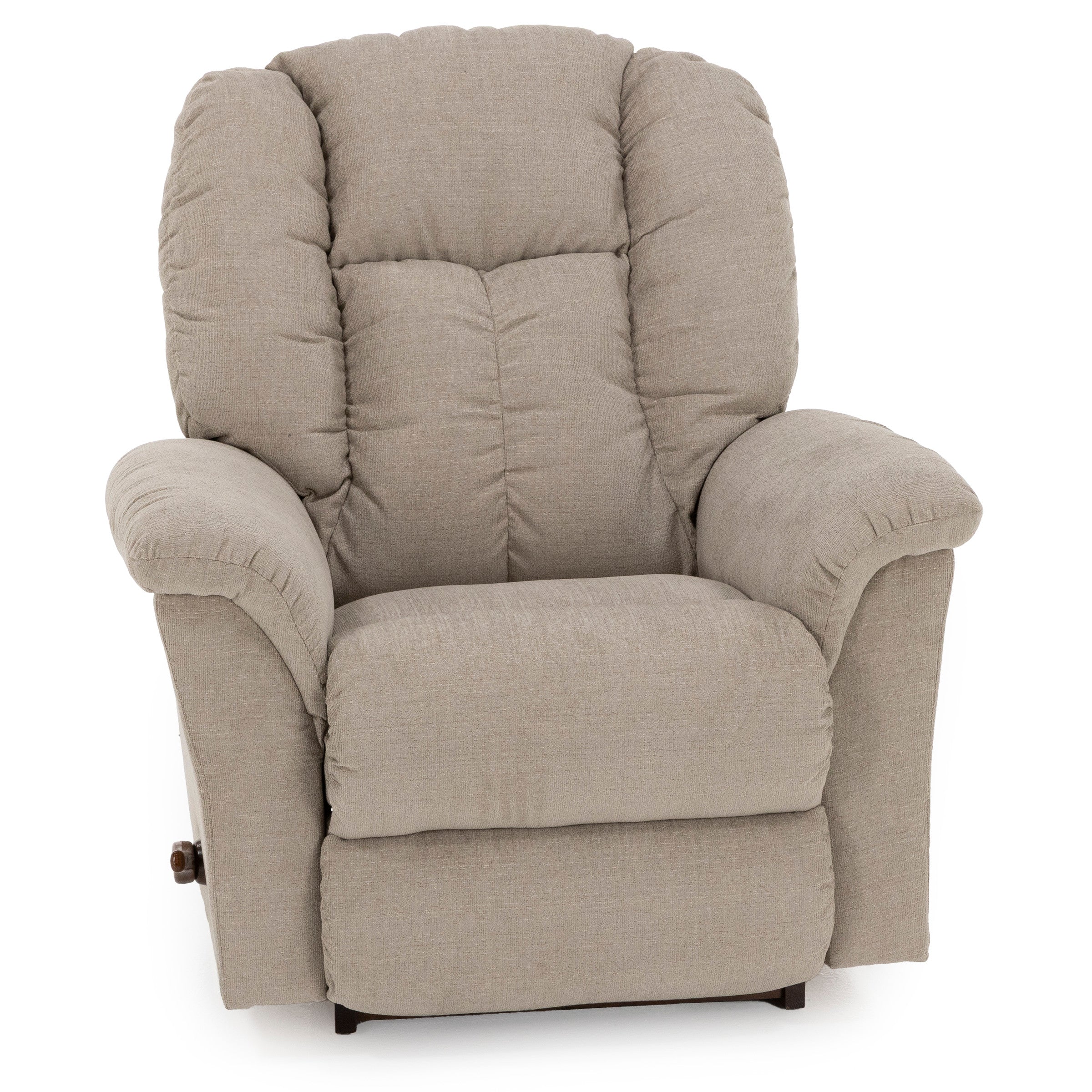 Beige upholstered recliner chair with plush, padded arms and back.