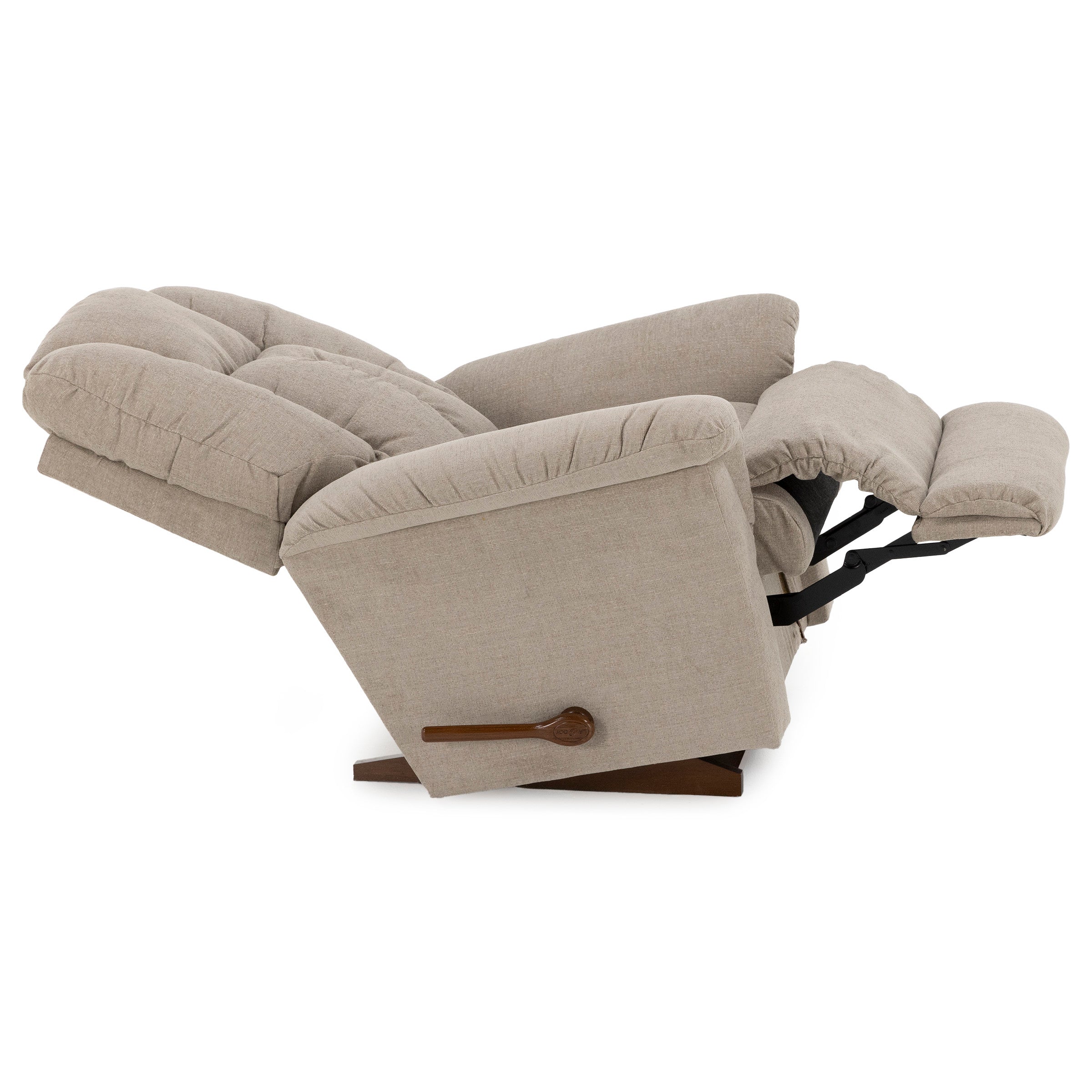 Beige fabric recliner chair fully extended with visible wooden lever.
