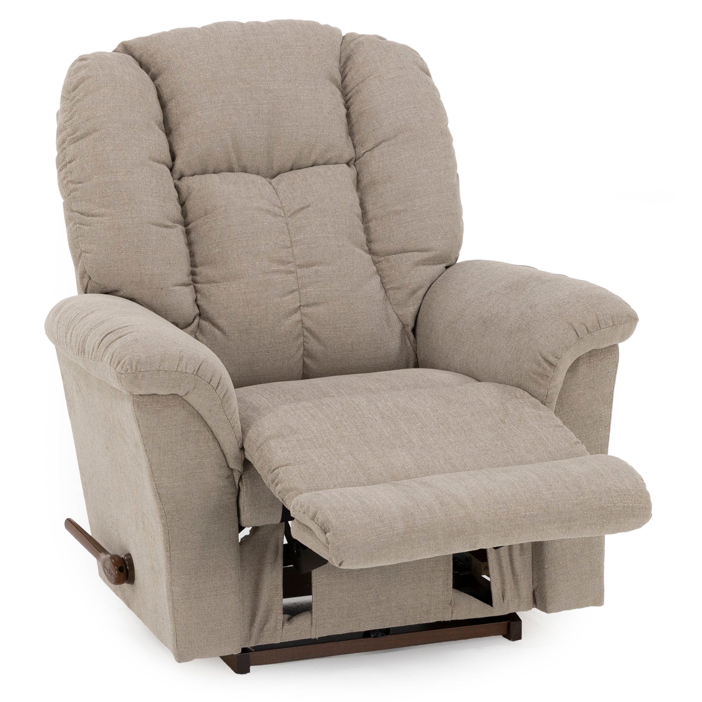 Beige fabric recliner chair with extended footrest