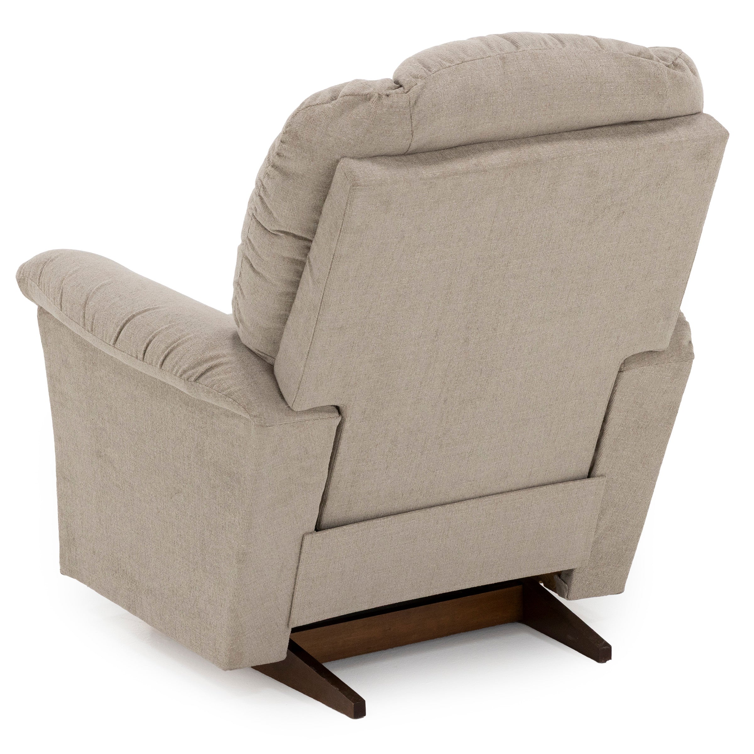 Back view of a beige upholstered recliner chair with wooden base.