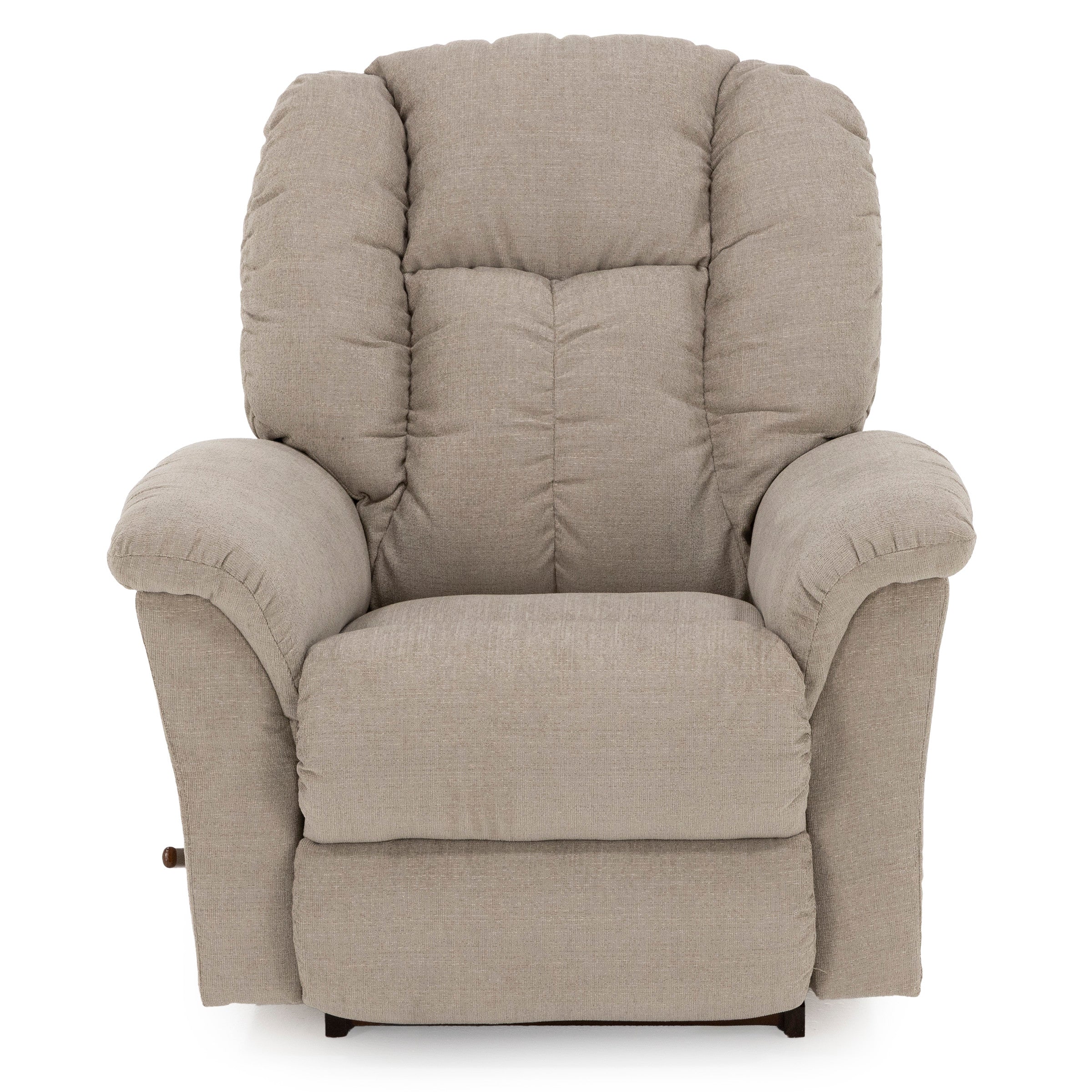 Beige upholstered recliner chair with padded arms and backrest, front view.