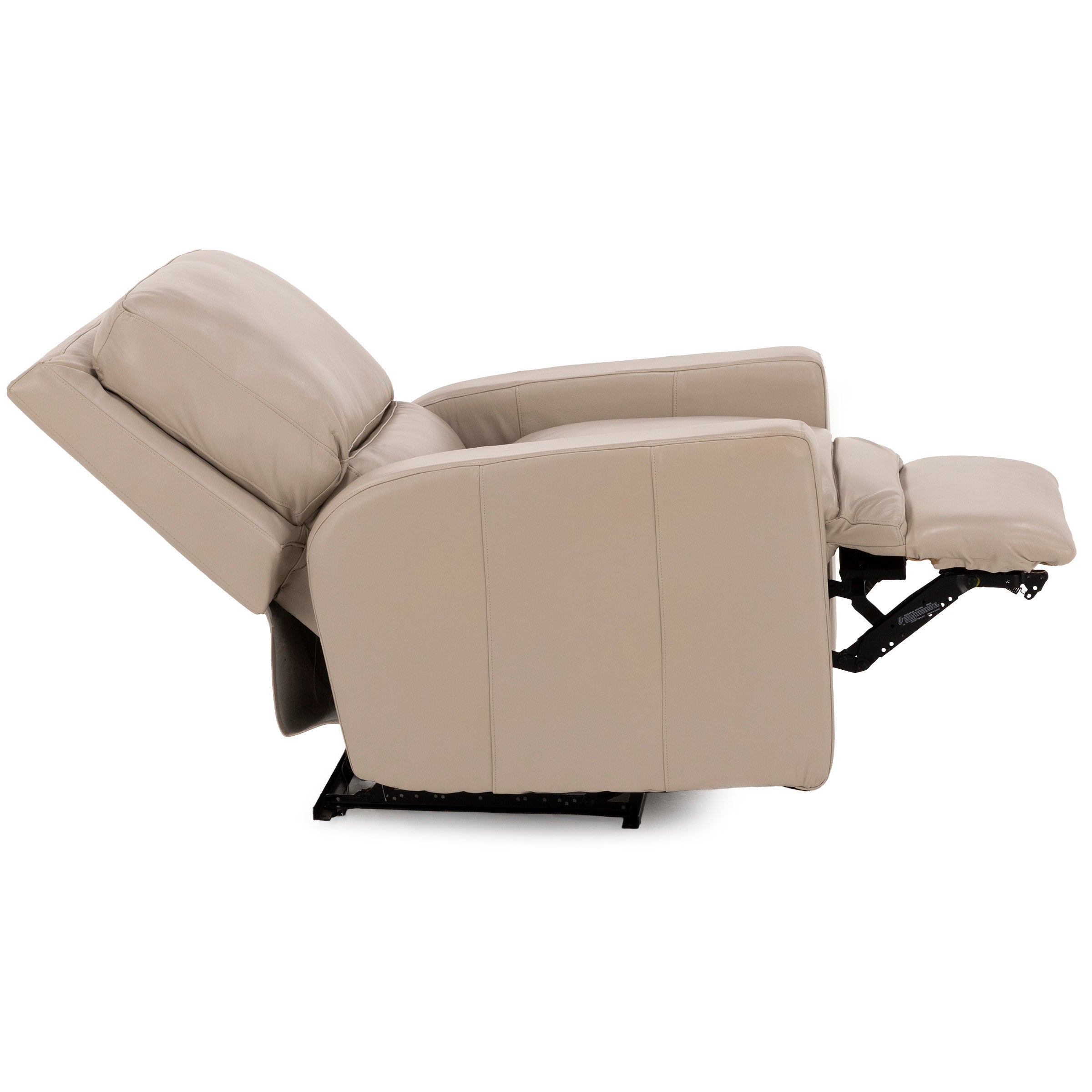 Reclining beige leather chair shown in side profile with footrest extended.
