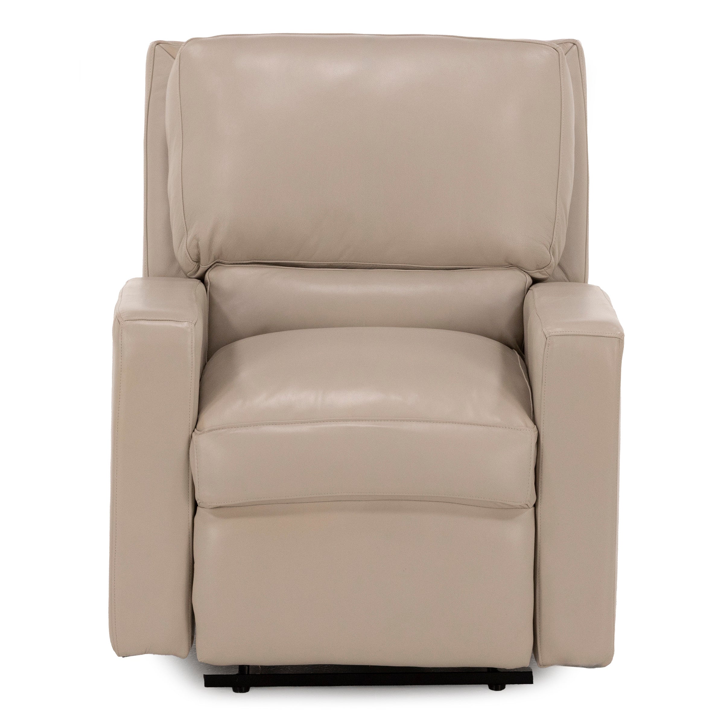 Front view of a beige leather armchair with plush seat and back cushions