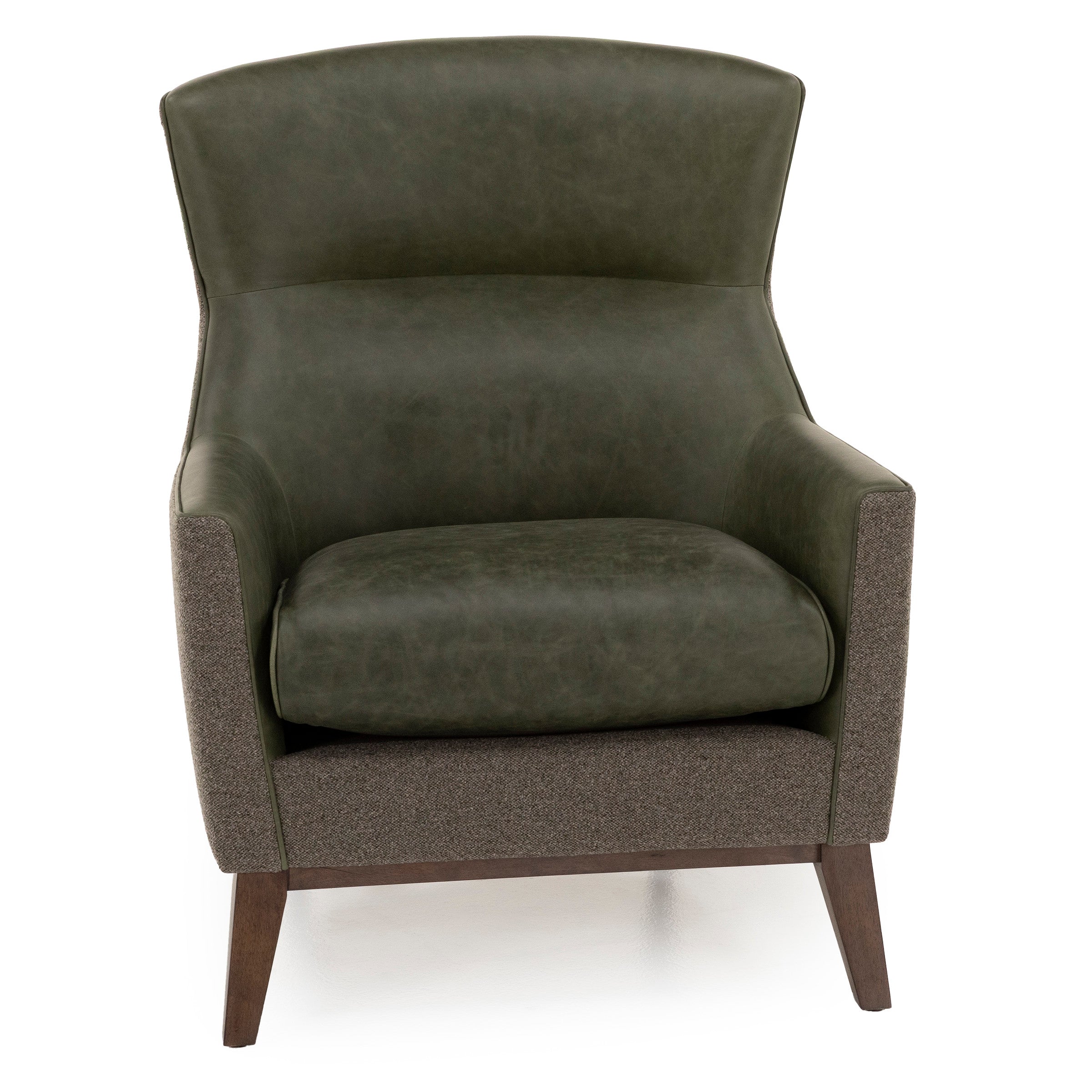 Green and brown accent chair with cushioned seat, upholstered back, and wooden legs.