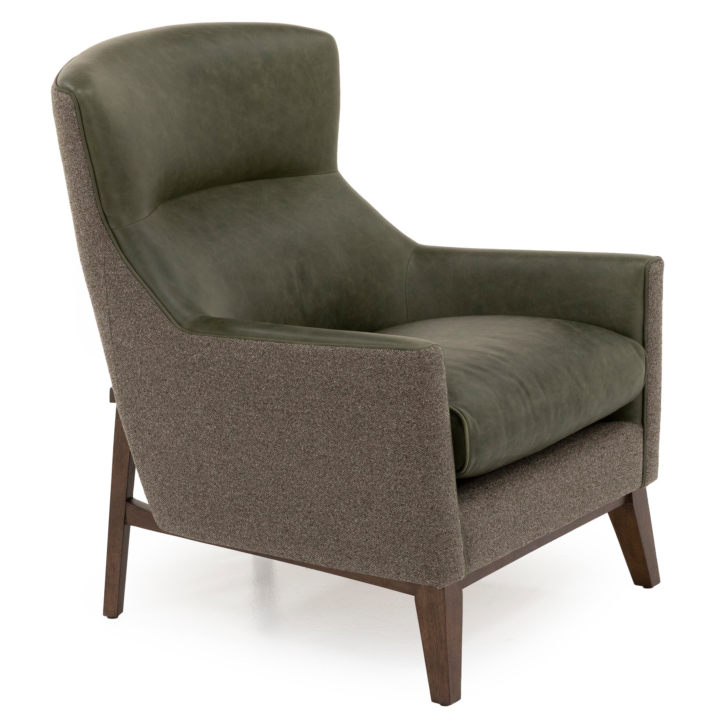 Modern armchair with olive green leather seat and back, brown fabric sides, and wooden legs.