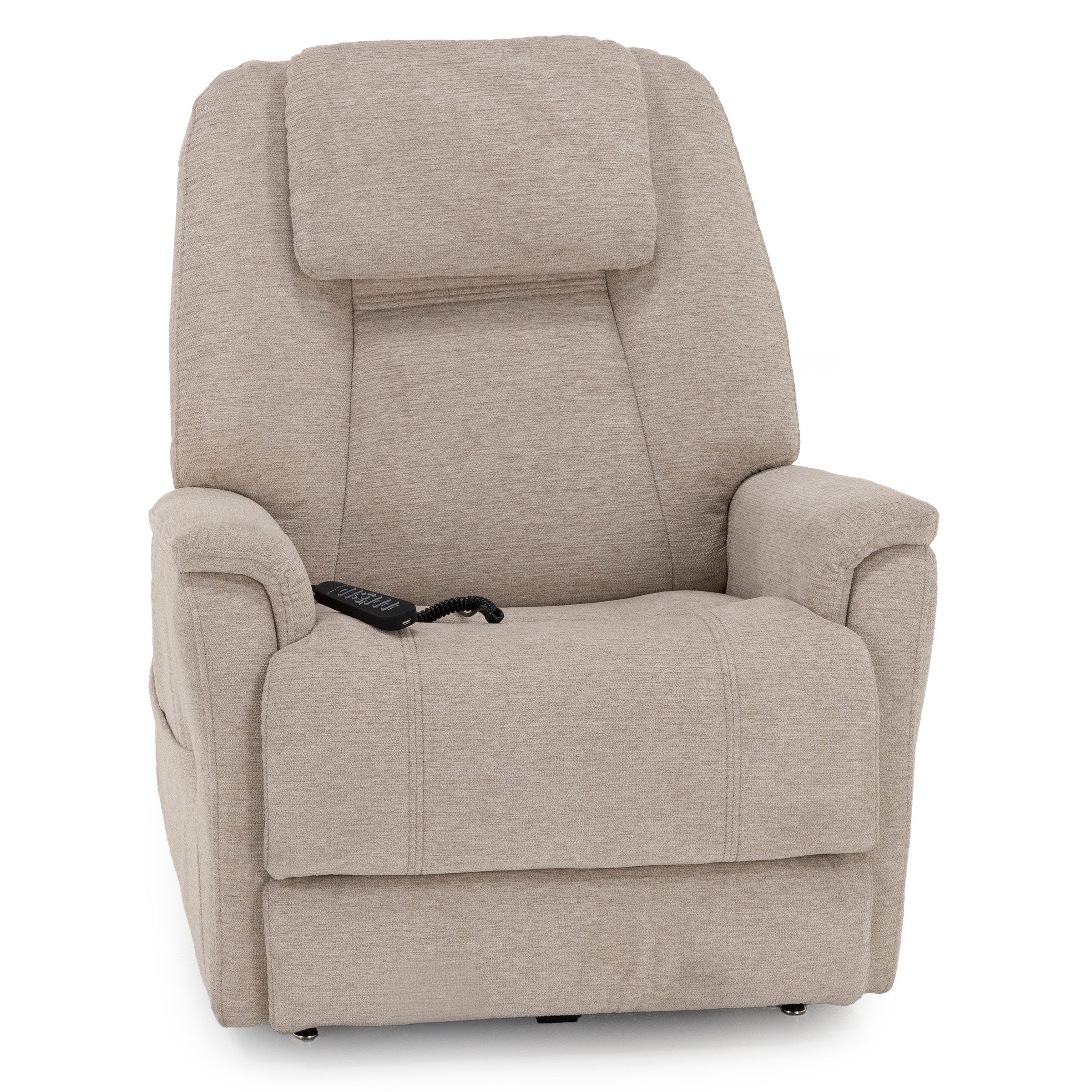 Beige fabric recliner chair with remote control, front view.