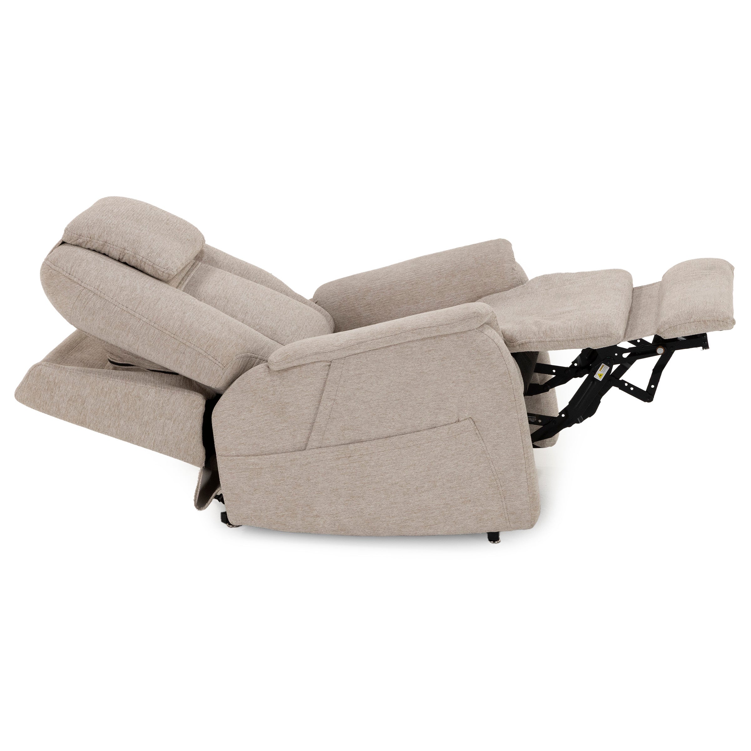 Light beige recliner chair shown fully extended with raised footrest and reclined back.