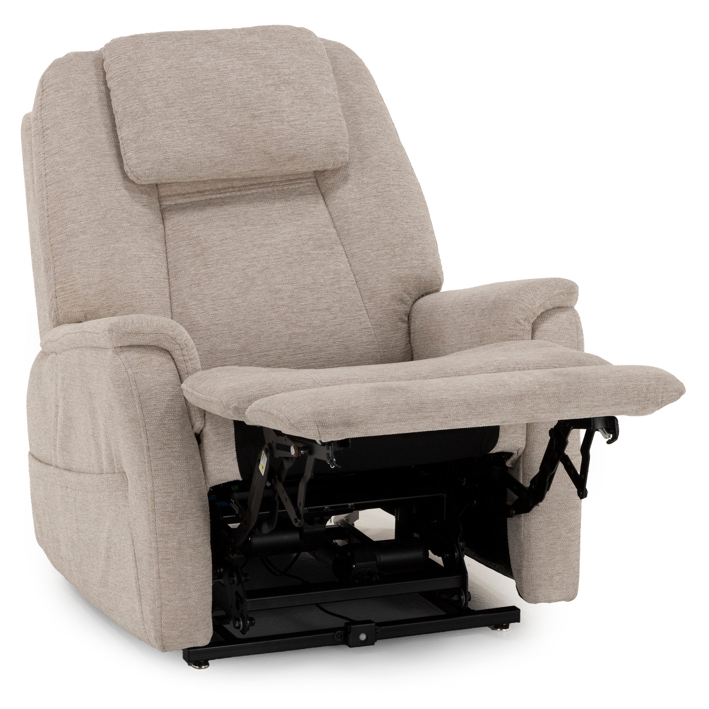 Beige fabric recliner chair in a partially reclined position.