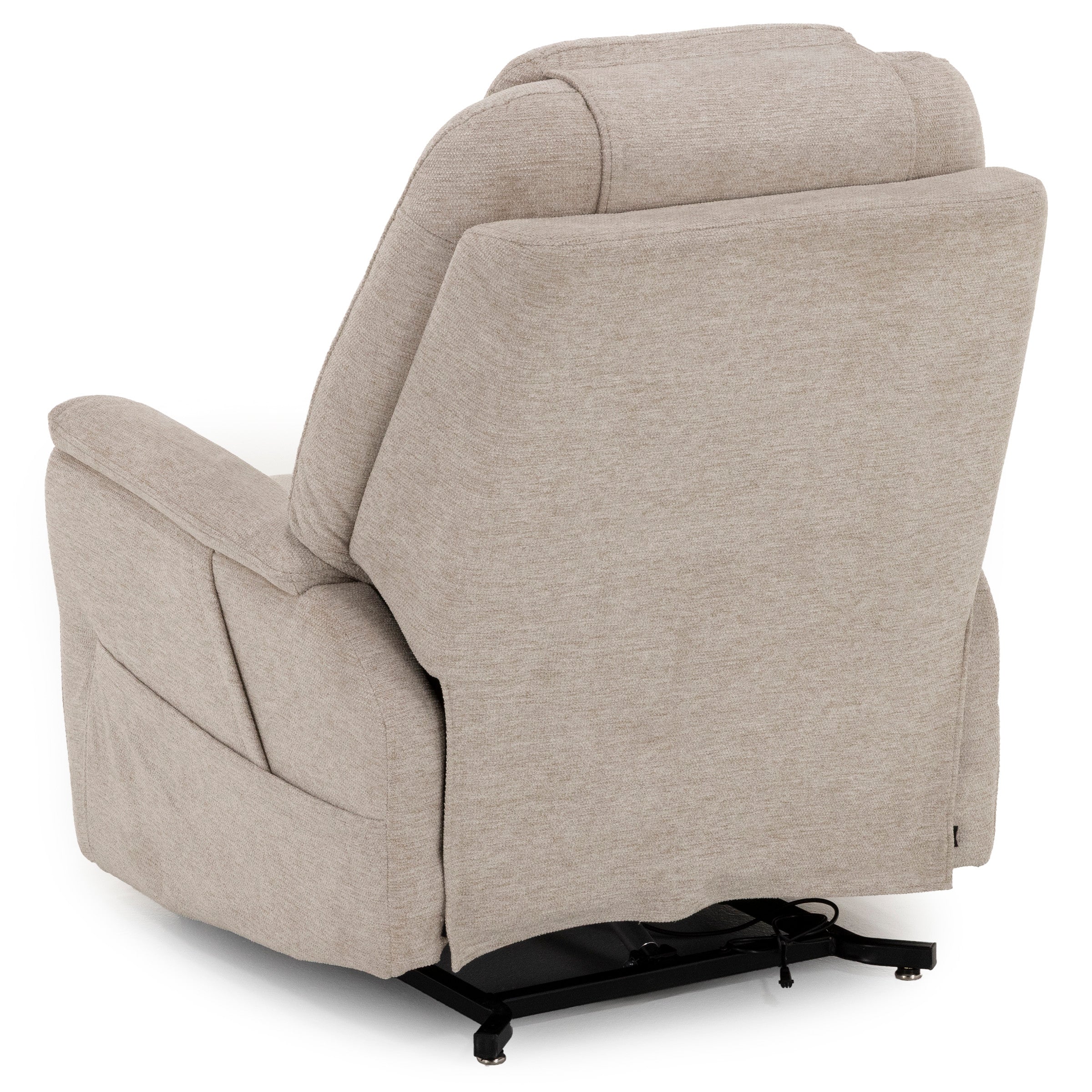 Back view of a beige fabric power recliner chair on a metal base.